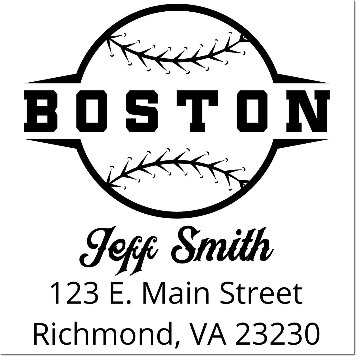 Boston baseball custom address rubber stamp for Jeff Smith, 123 E. Main Street, Richmond, VA 23230.