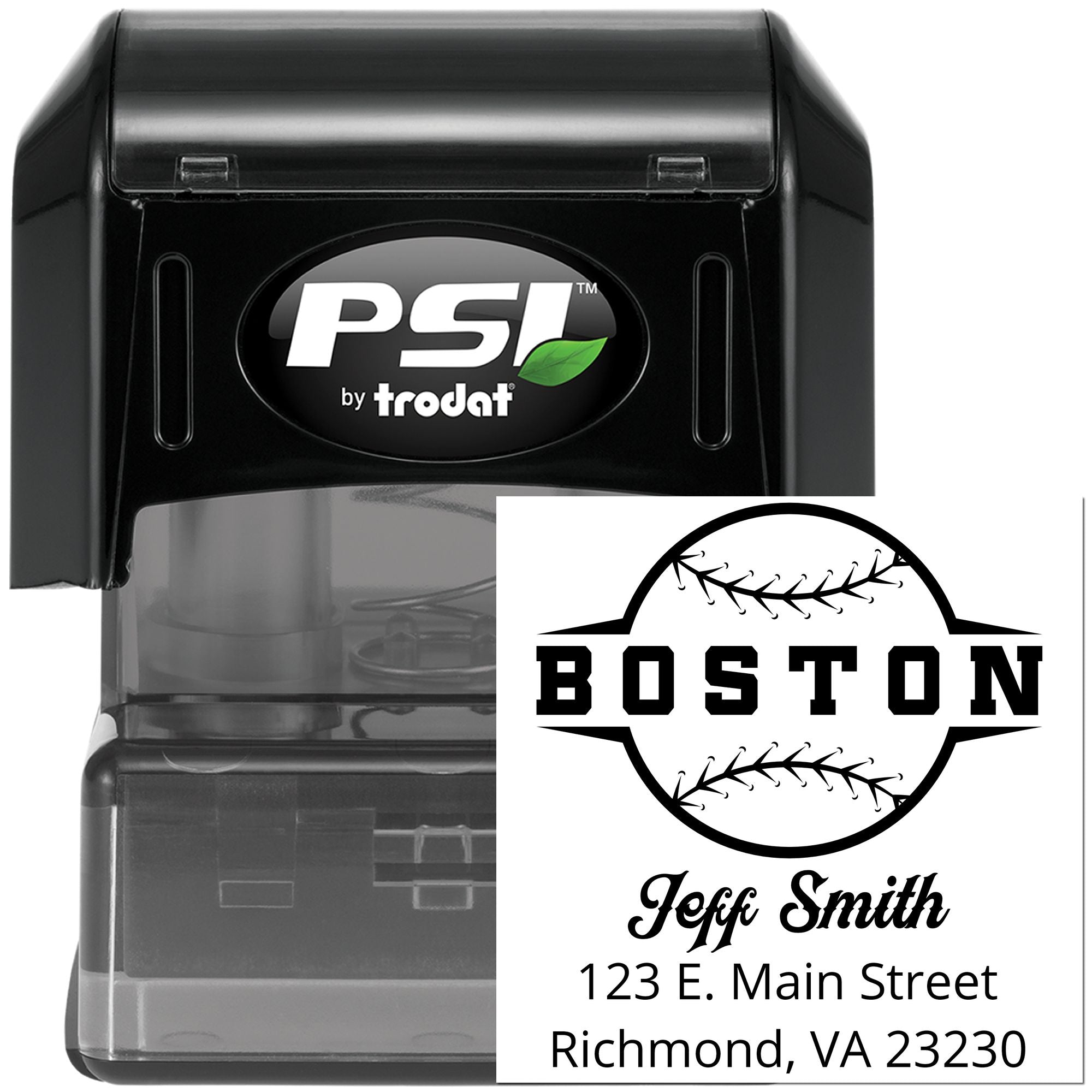 Custom self-inking rubber stamp by PSI Trodat with Boston baseball logo, Jeff Smith name, and return address sample impression.