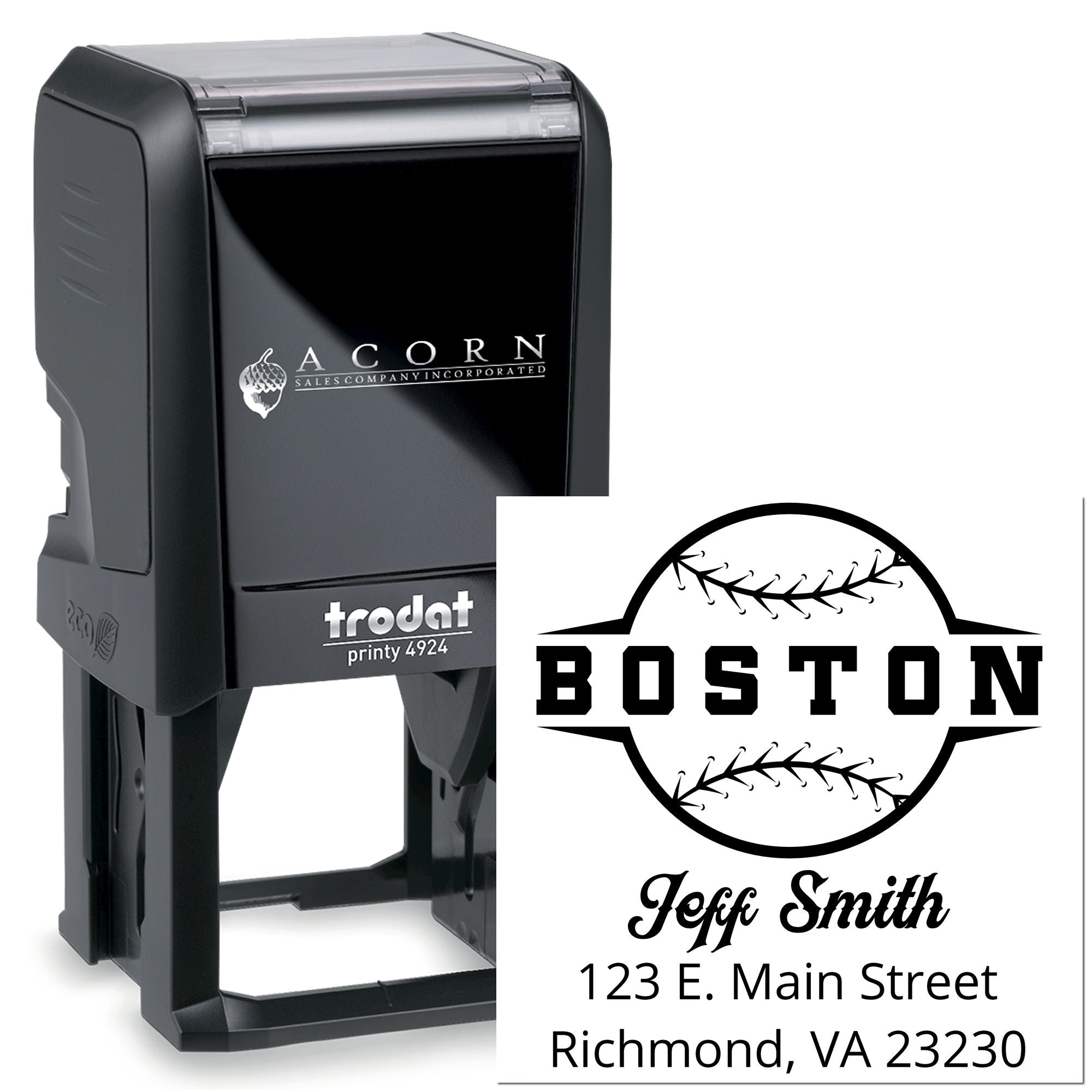 Custom self-inking address stamp with Boston baseball logo, name, and address for personalized business mailings.