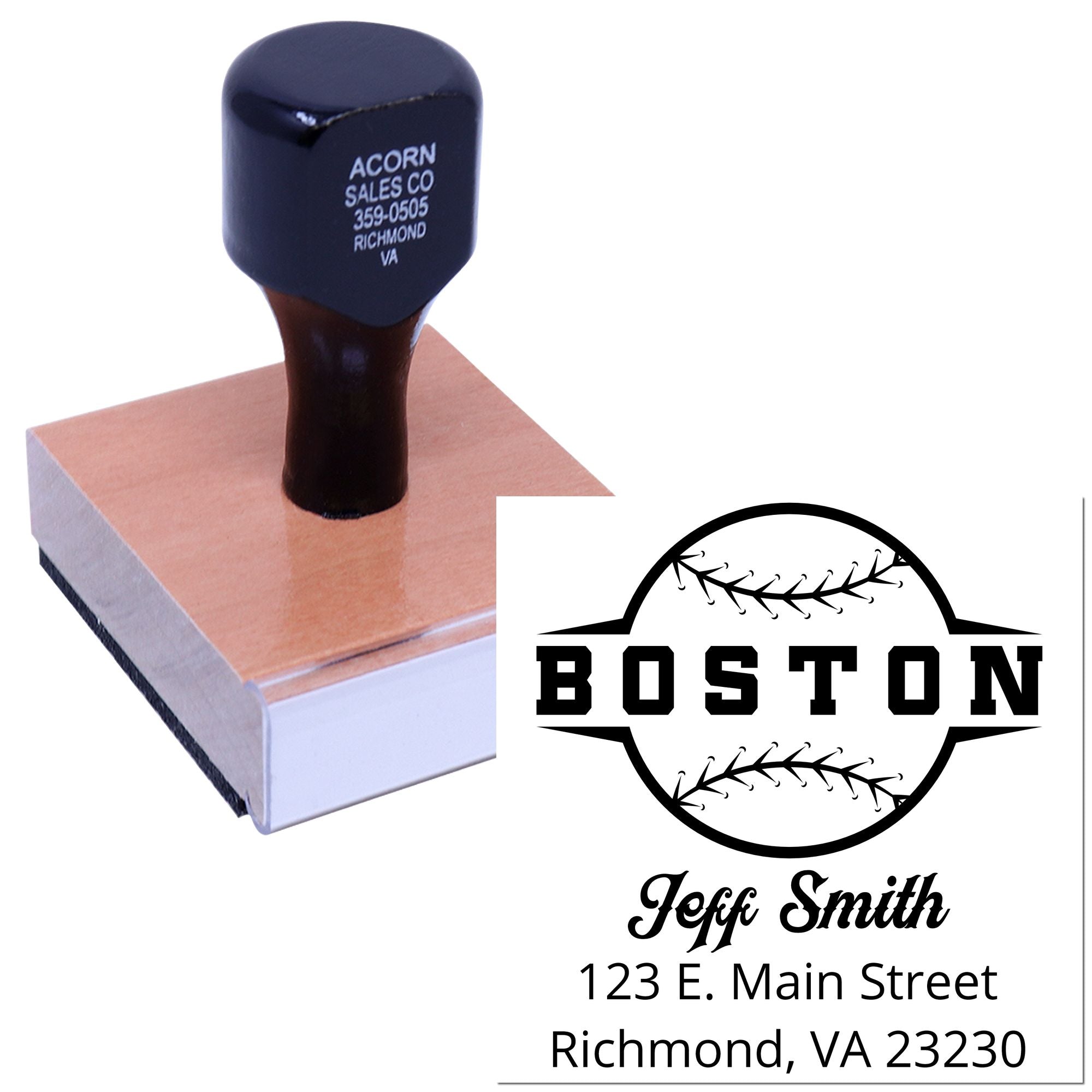 Personalized baseball return address rubber stamp featuring custom name, street address, city, and state for mailings and branding.