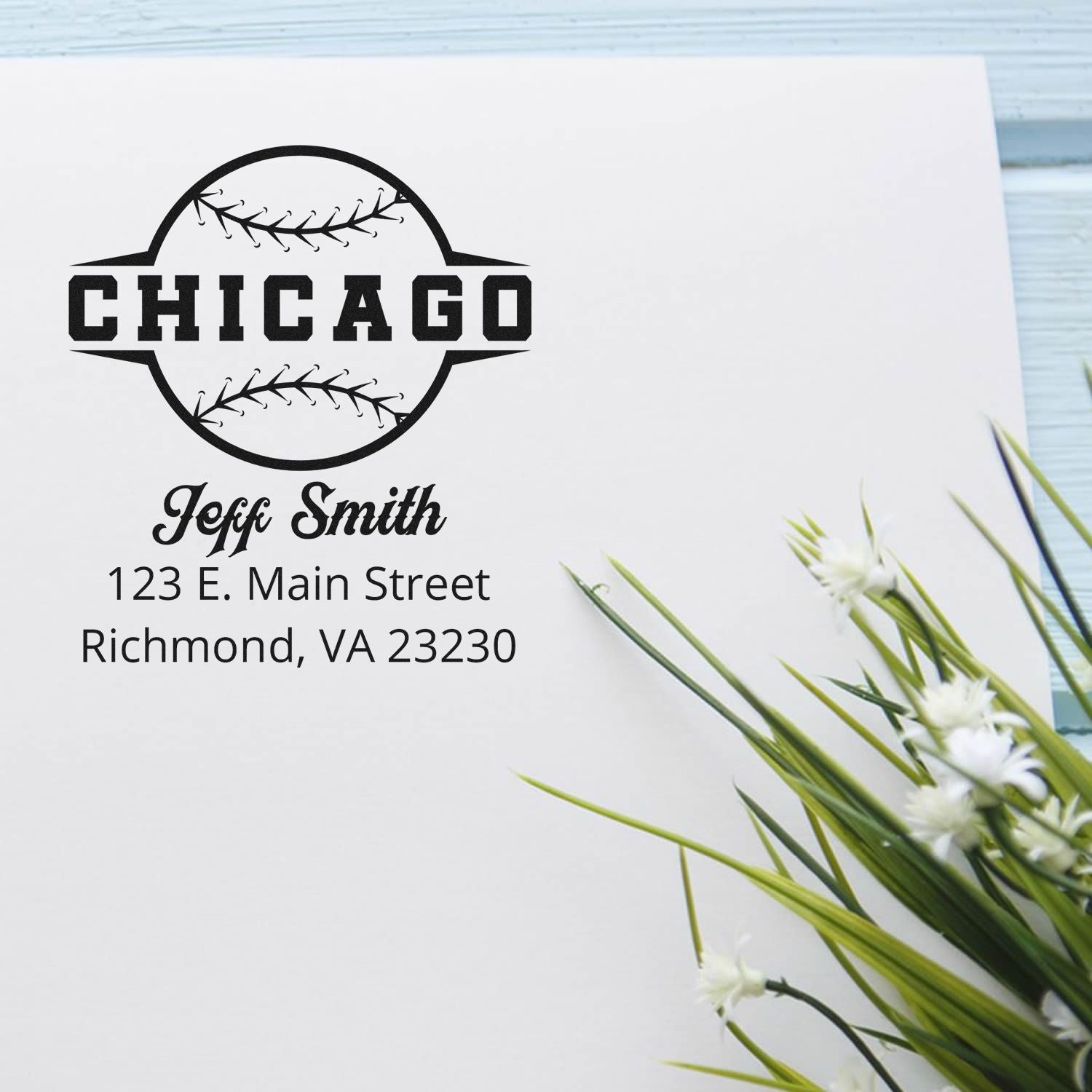 Custom baseball-themed return address rubber stamp with Chicago design, Jeff Smith, and Richmond, VA 23230 on envelope
