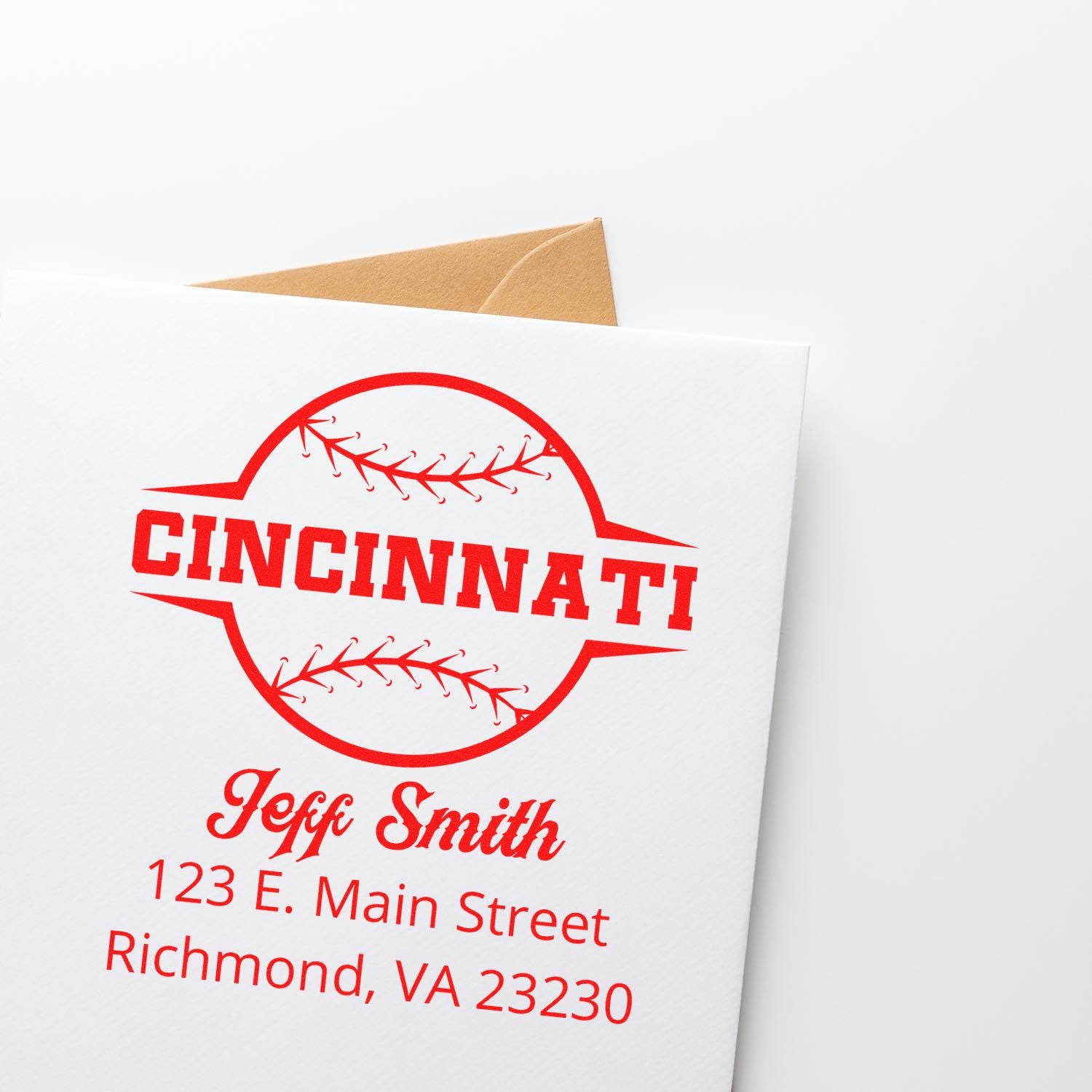 Custom Cincinnati baseball rubber stamp with return address for Jeff Smith, 123 E. Main Street, Richmond, VA 23230