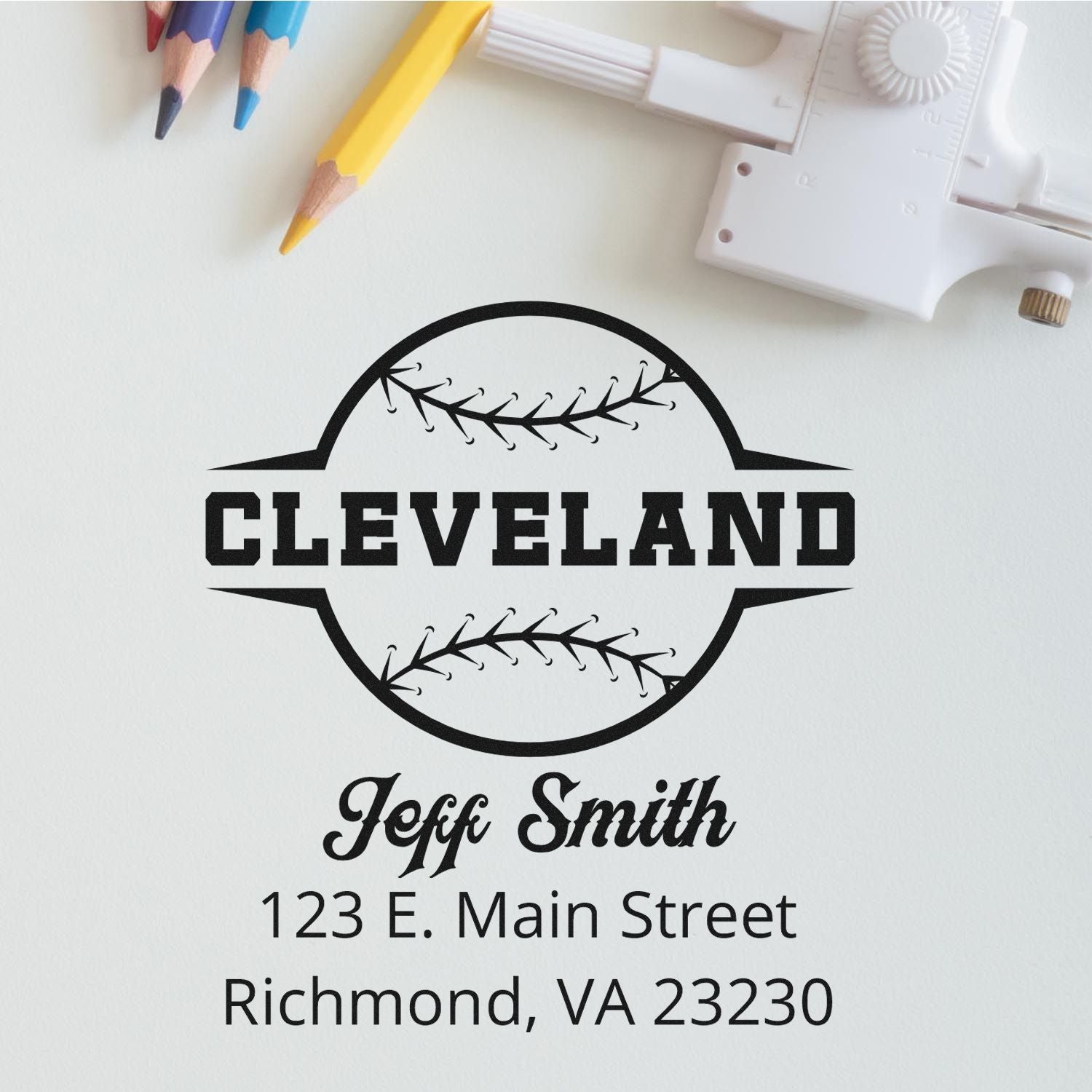 Custom Cleveland baseball rubber stamp design with Jeff Smith name and Richmond, VA address for personalized mailing.