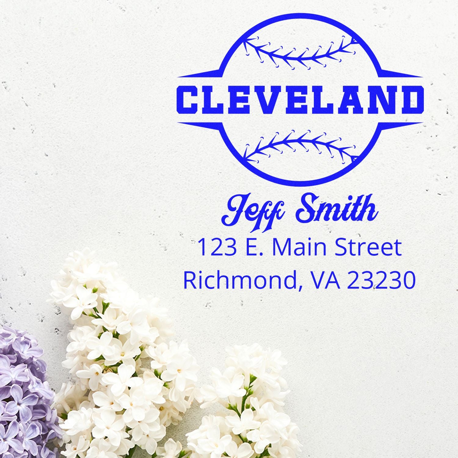 Custom Cleveland baseball rubber stamp with Jeff Smith name and Richmond, VA 23230 address in blue ink.