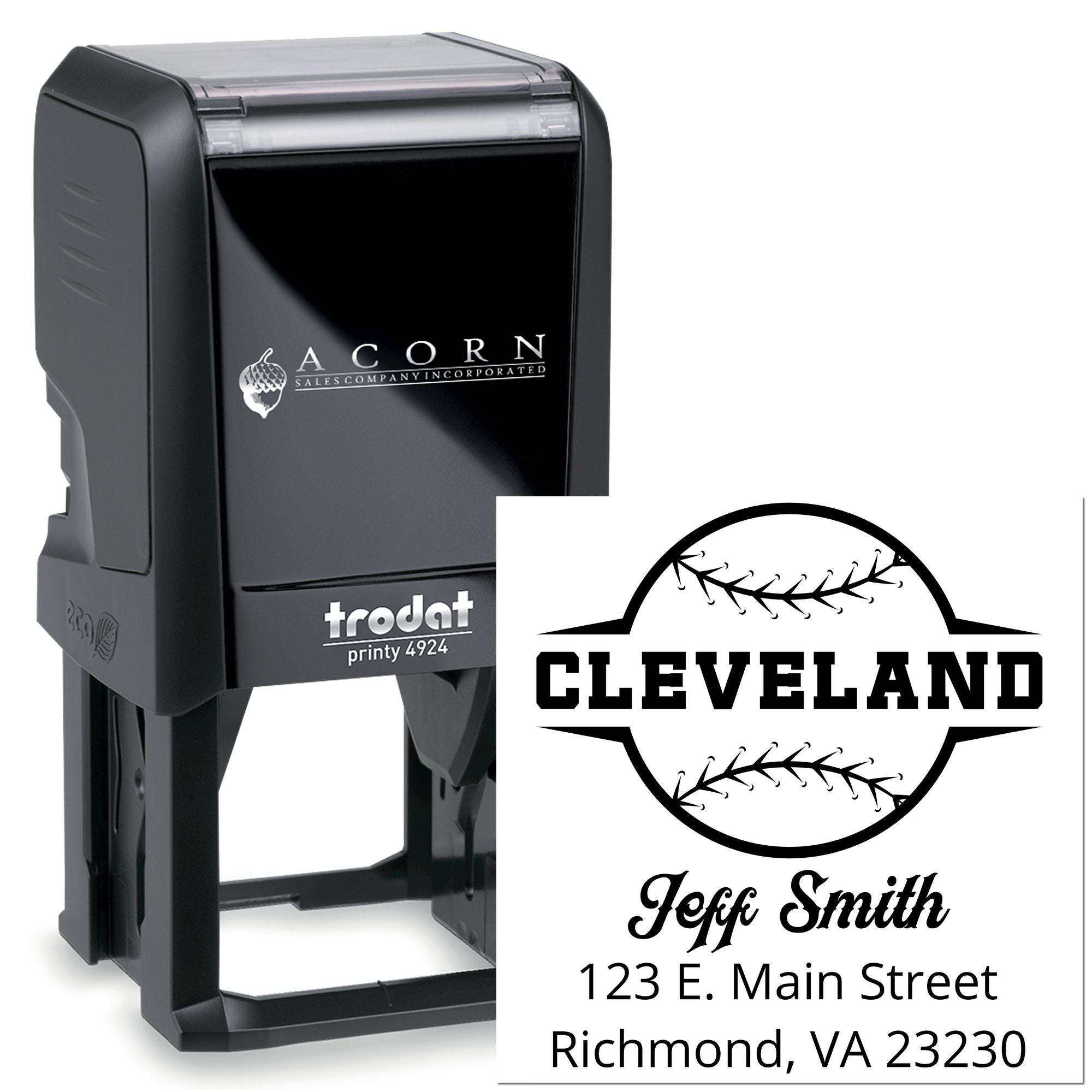 Custom Trodat self-inking rubber stamp with baseball design, name, and address for personalized mailing use.