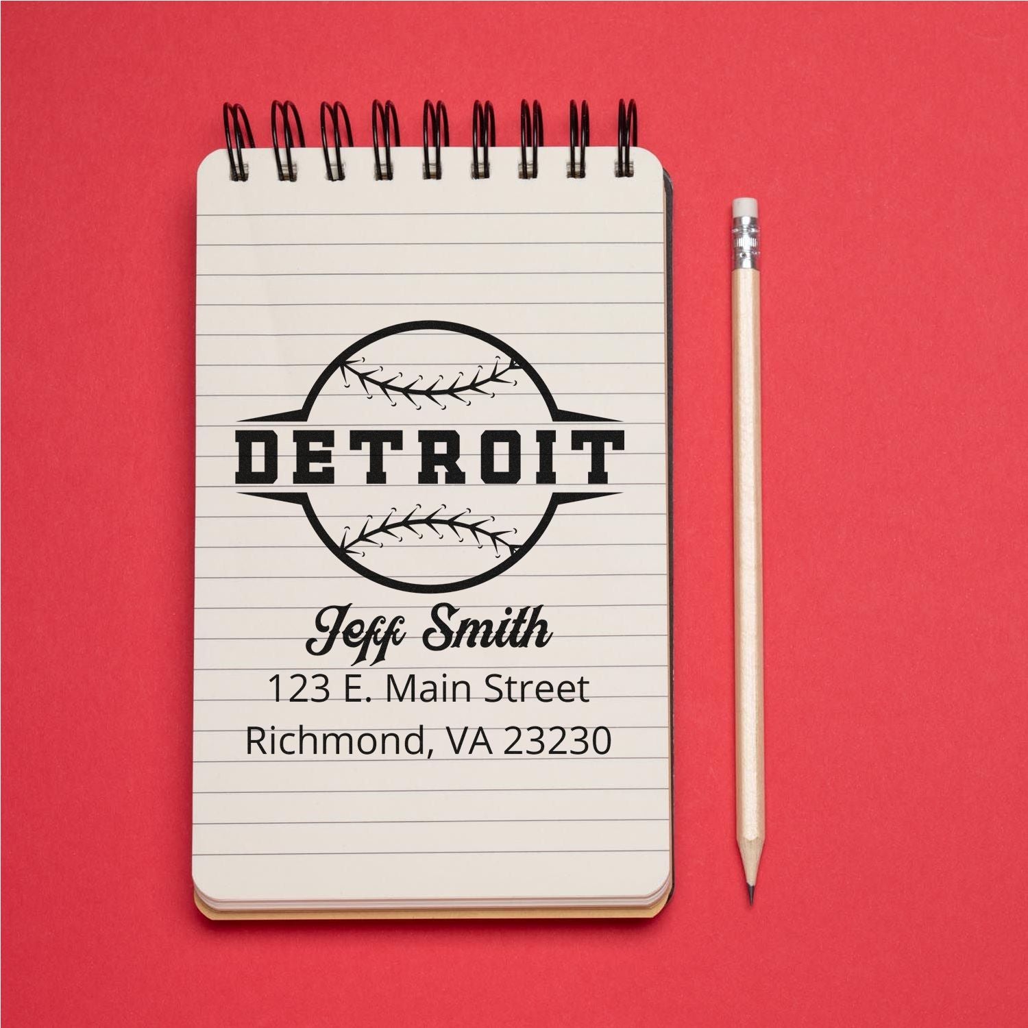 Custom Detroit baseball address rubber stamp design with Jeff Smith name and Richmond, VA address on notebook paper.