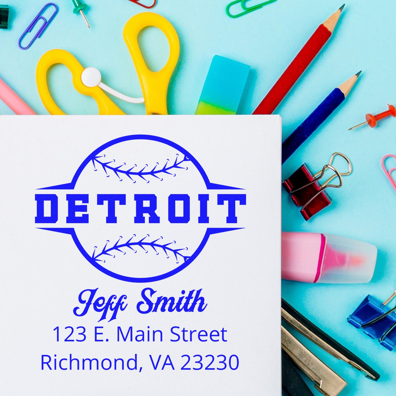 Custom Detroit baseball rubber stamp design with personalized name and address for business branding and return mail.