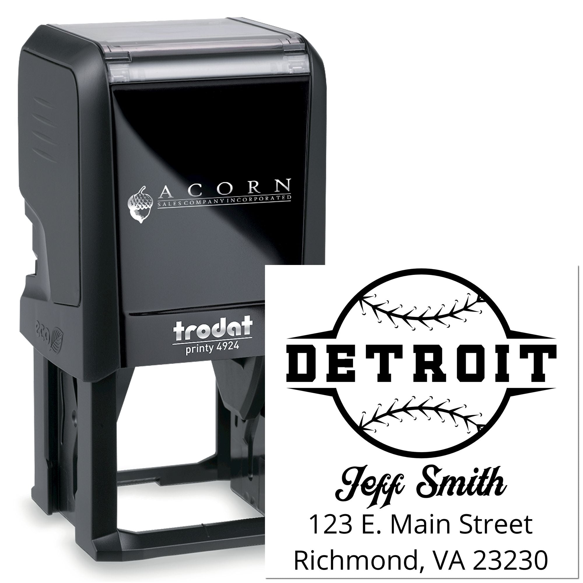 Custom self-inking rubber stamp with baseball logo, name, and address, Trodat Printy 4924 for business branding.