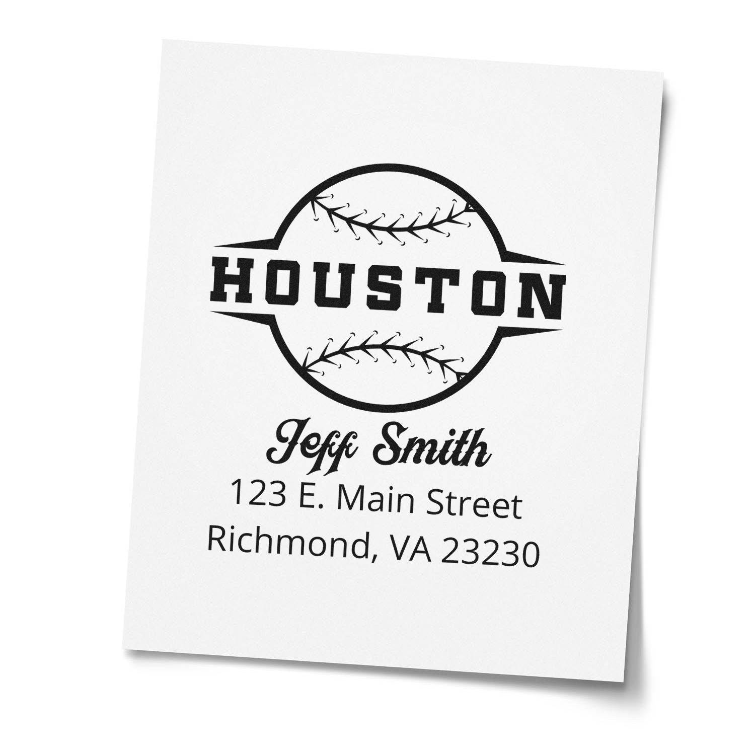 Custom Houston baseball address rubber stamp with Jeff Smith name and Richmond, VA return address