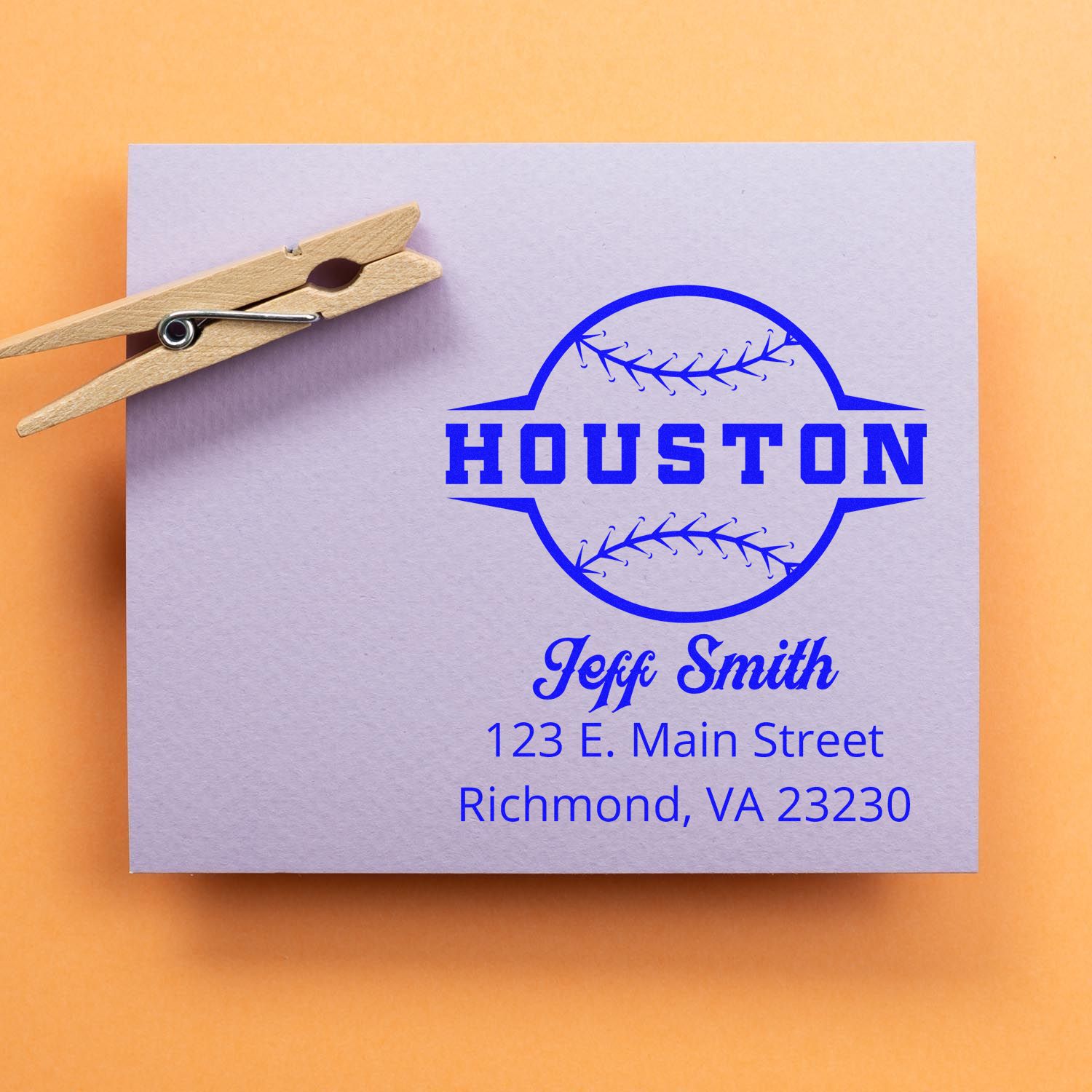 Custom baseball rubber stamp design with Houston, Jeff Smith, and address on paper with clothespin.