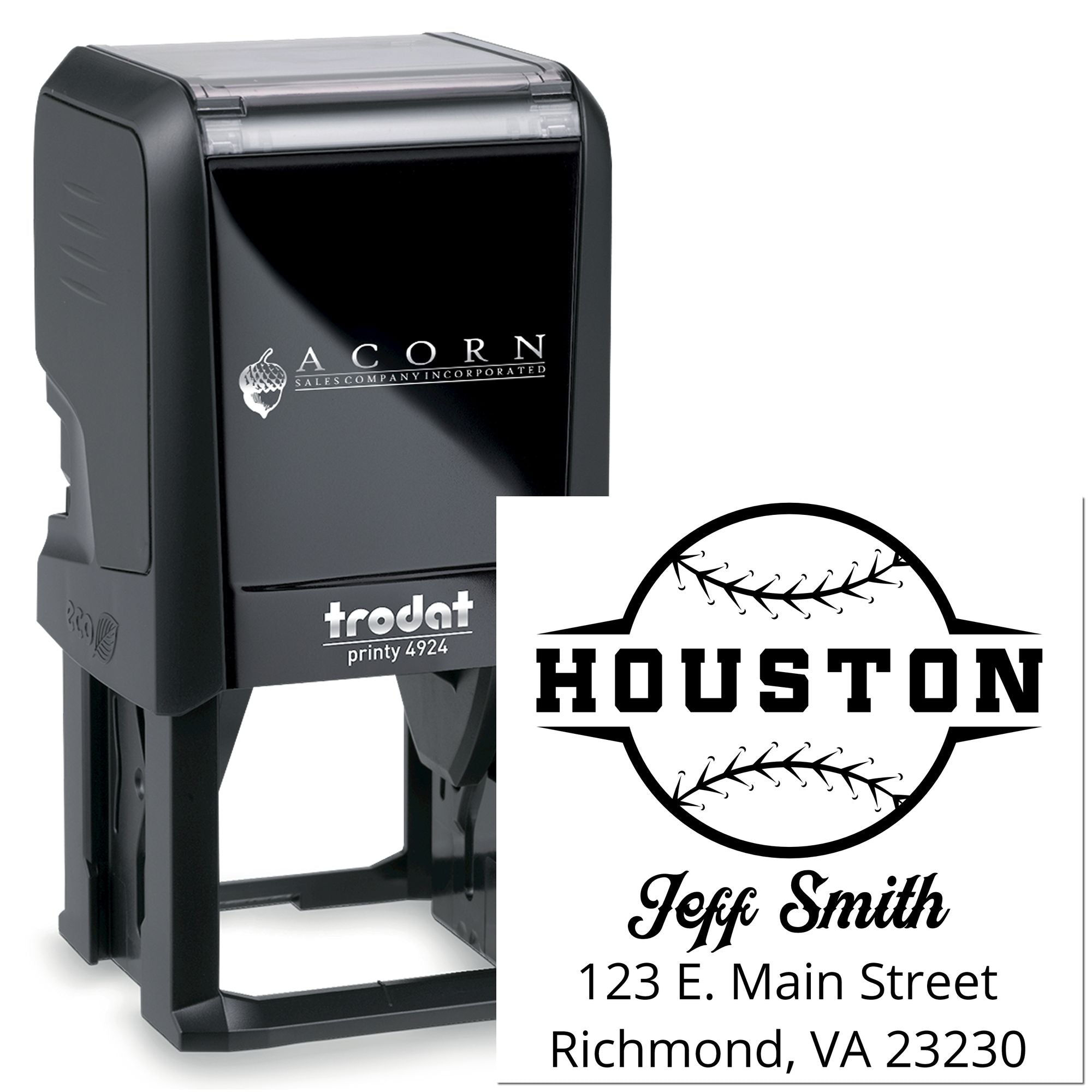 Custom self-inking baseball rubber stamp with Houston design and return address for Jeff Smith, Richmond VA.