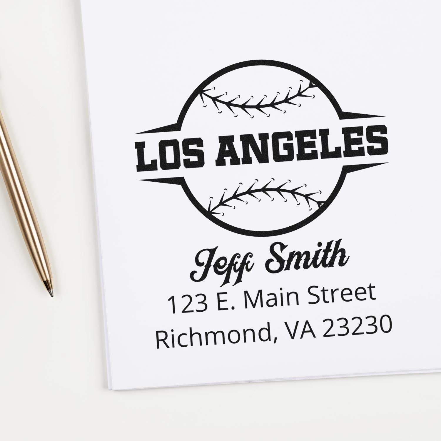 Custom baseball rubber stamp for Los Angeles fan, featuring Jeff Smith name and Richmond, VA address.