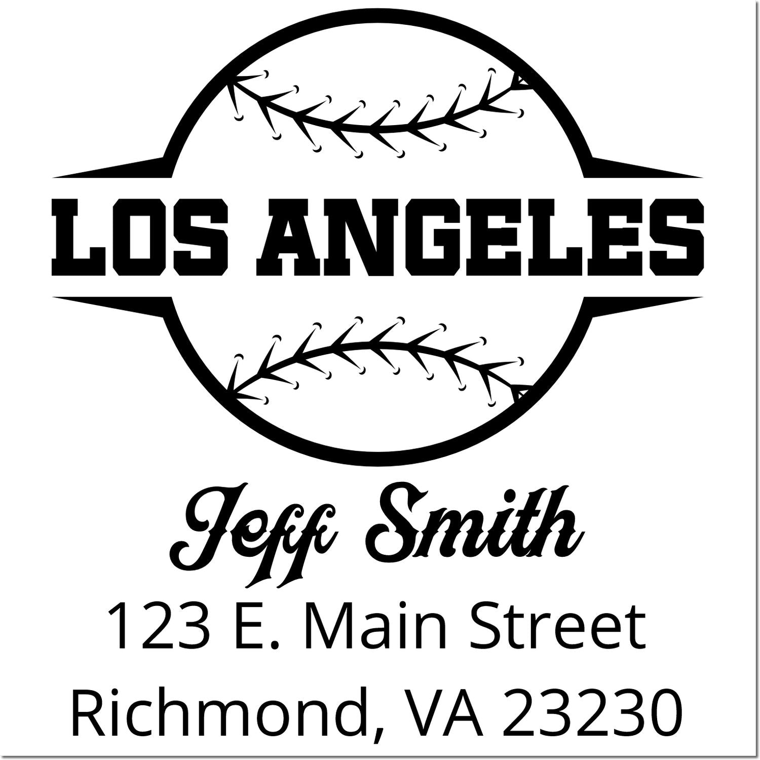 Custom Los Angeles baseball rubber stamp for Jeff Smith with address, 123 E. Main Street, Richmond, VA 23230.