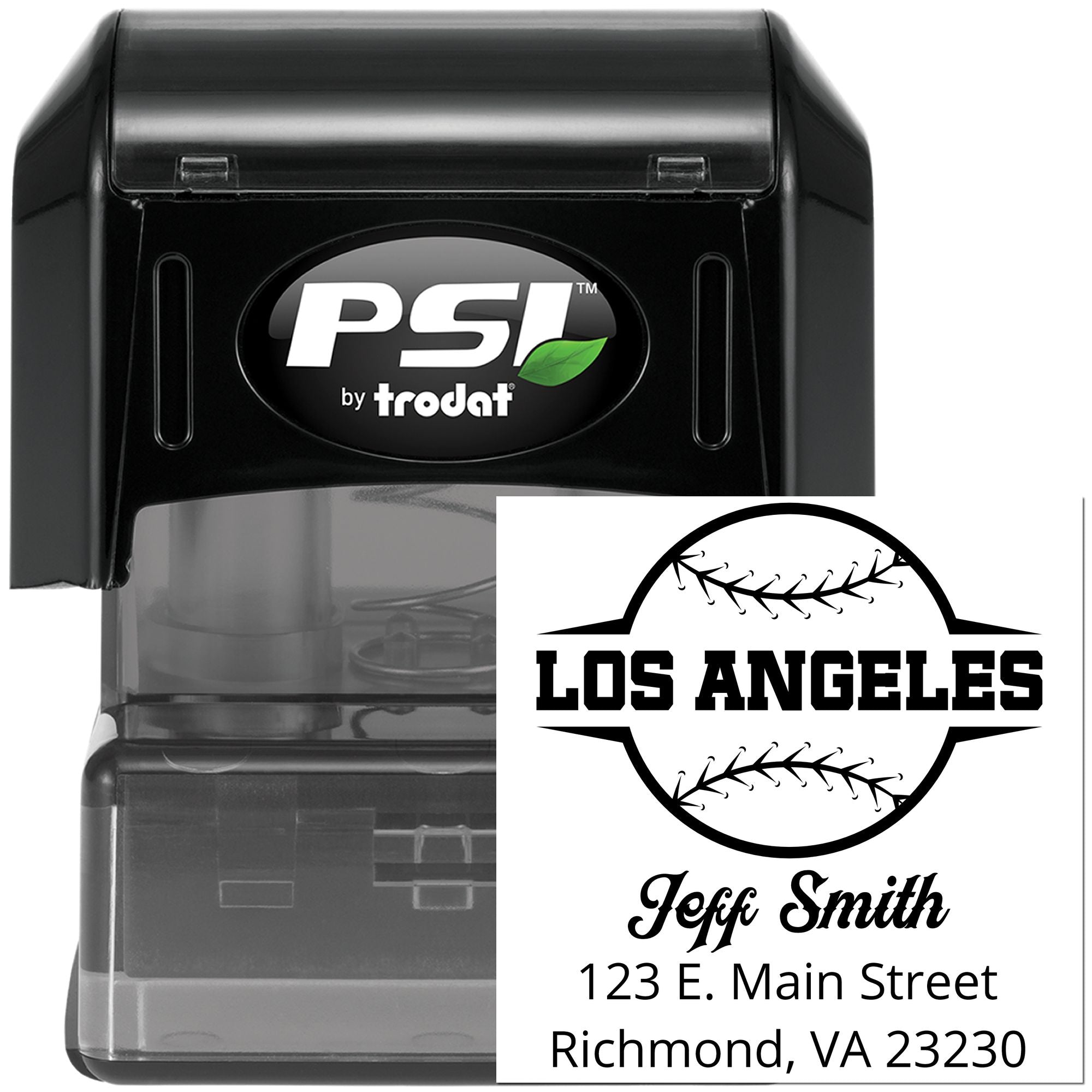 PSI by Trodat self-inking custom rubber address stamp with Los Angeles baseball design for Jeff Smith.