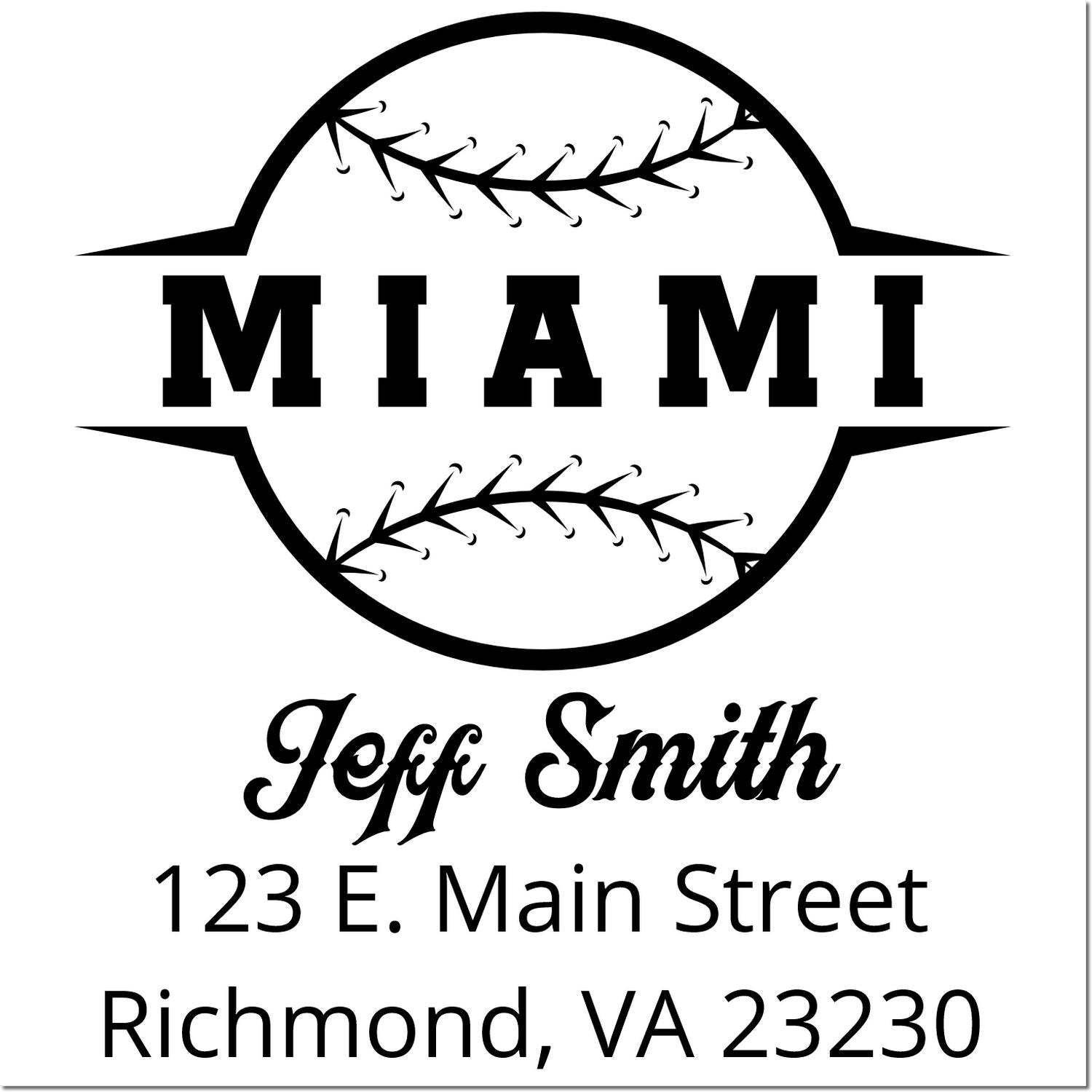 Miami baseball return address rubber stamp for Jeff Smith, 123 E. Main Street, Richmond, VA 23230.