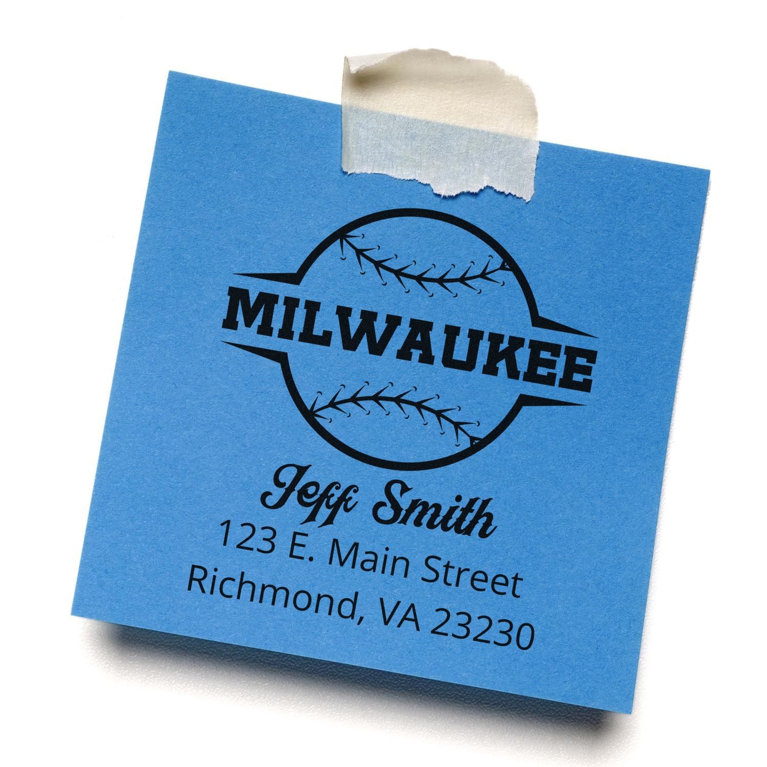 Custom Milwaukee baseball rubber stamp with name and address, shown as a personalized return address stamp.