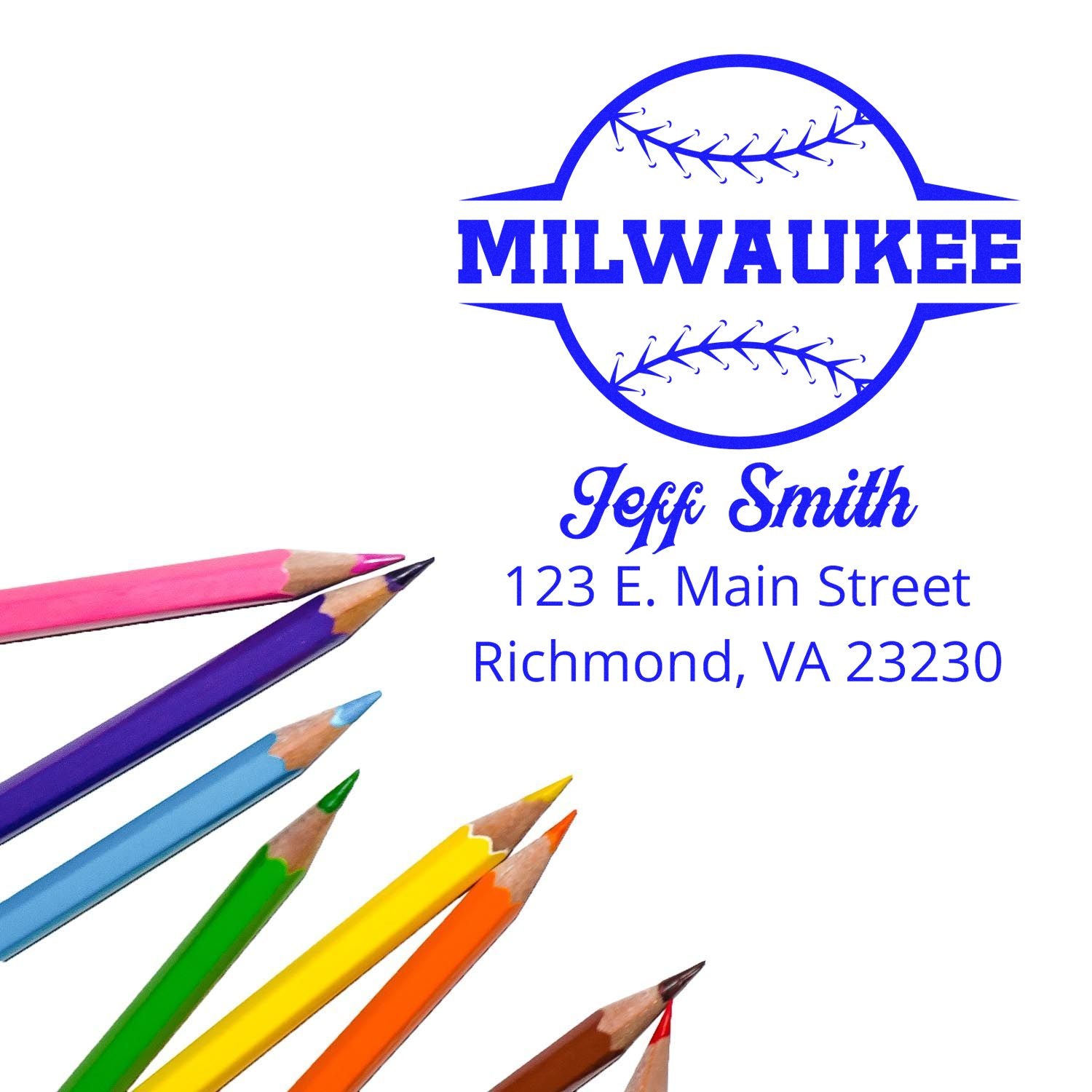 Custom Milwaukee baseball rubber stamp with Jeff Smith name and Richmond, VA address for schools, crafts, or business mailings.
