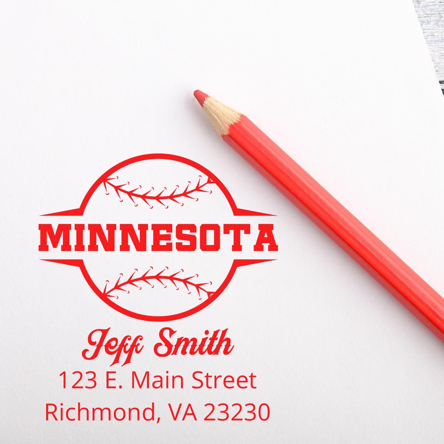 Custom baseball address rubber stamp with Minnesota, Jeff Smith, and address for stationery branding.