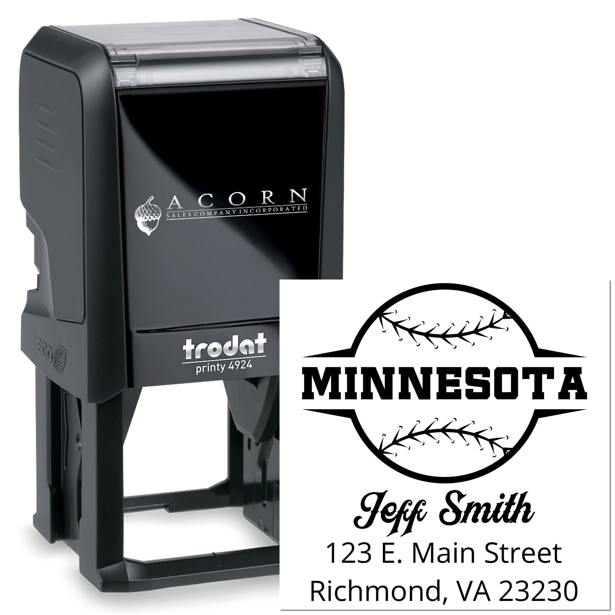 Trodat self-inking rubber stamp with custom baseball logo, Minnesota text, and return address for business mailing.
