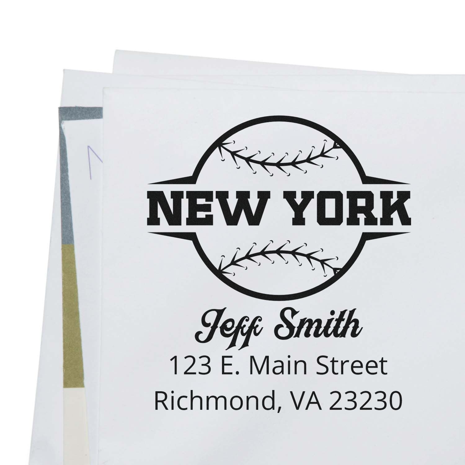 Custom baseball-themed return address rubber stamp with New York design, Jeff Smith, and Richmond, VA address.