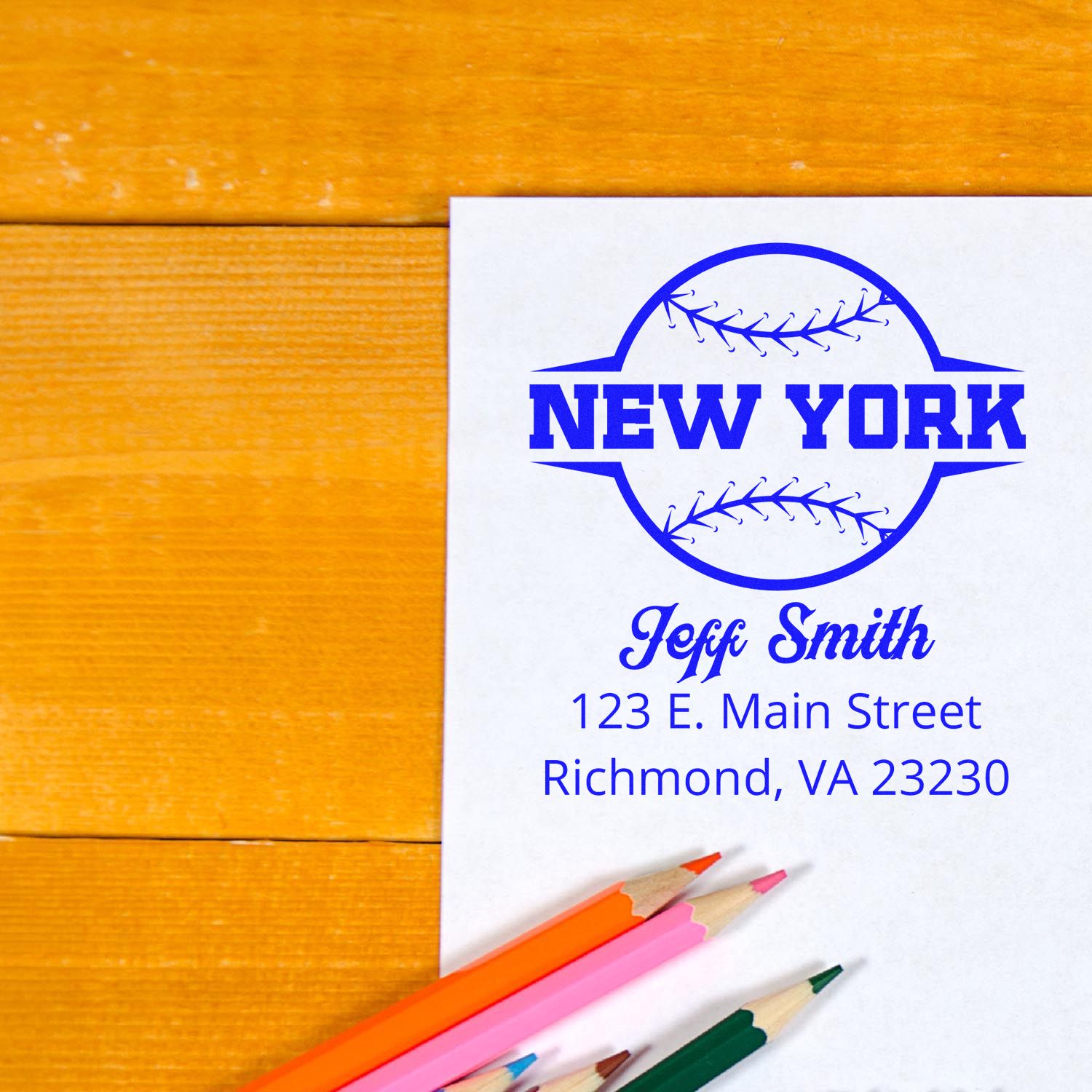 Personalized baseball rubber stamp with New York design, Jeff Smith name, and Richmond, VA address for mailing.