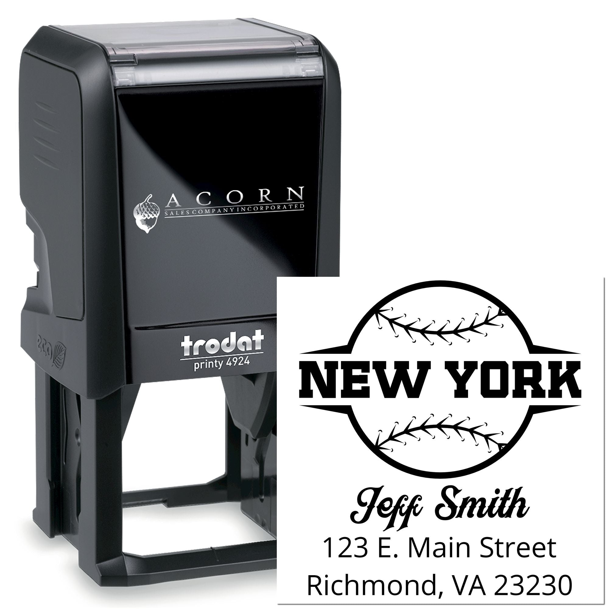 Custom self-inking rubber stamp with personalized logo, name, and address; ideal for business branding and mailing.