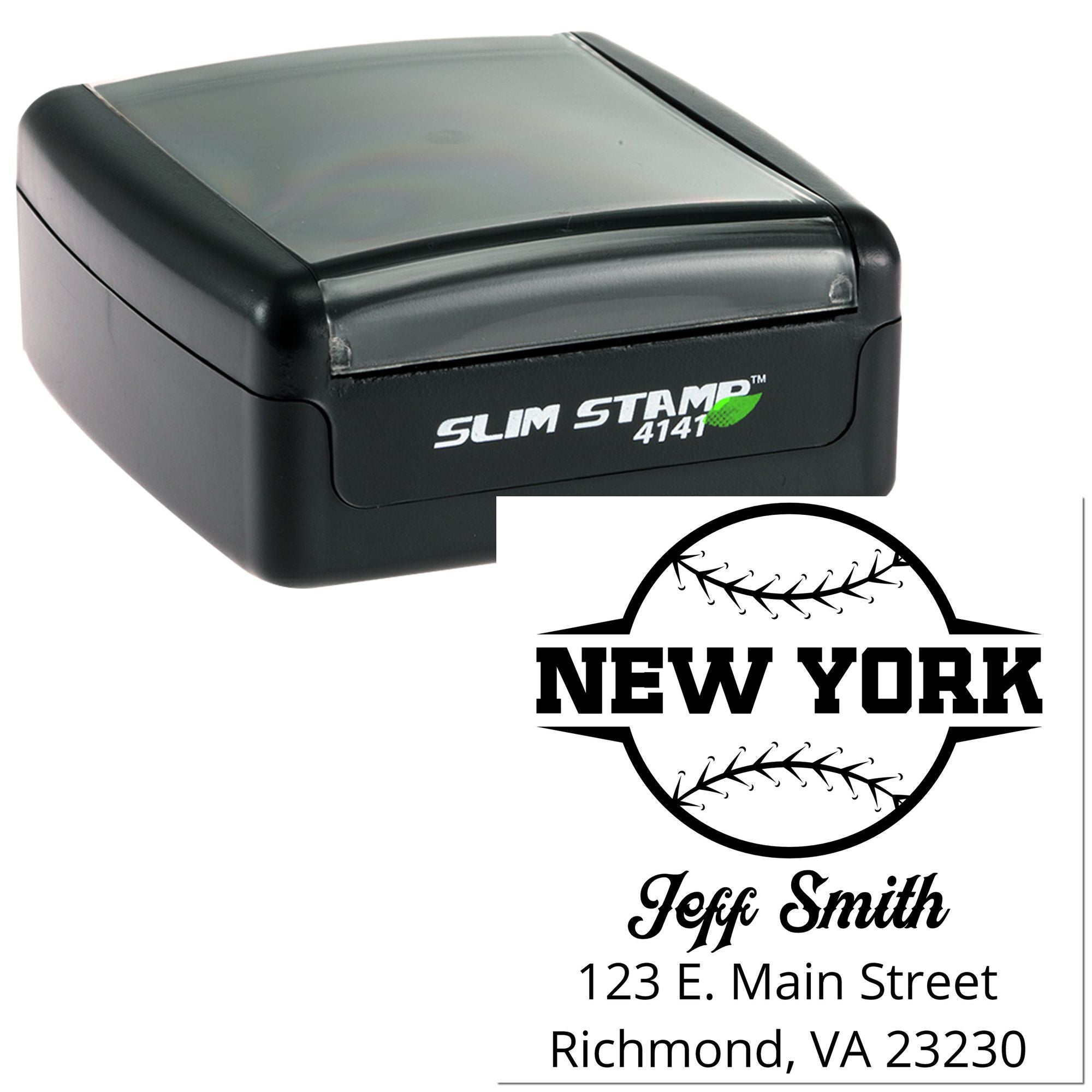 Custom self-inking address rubber stamp with New York baseball design for Jeff Smith, business mail, and return envelopes.