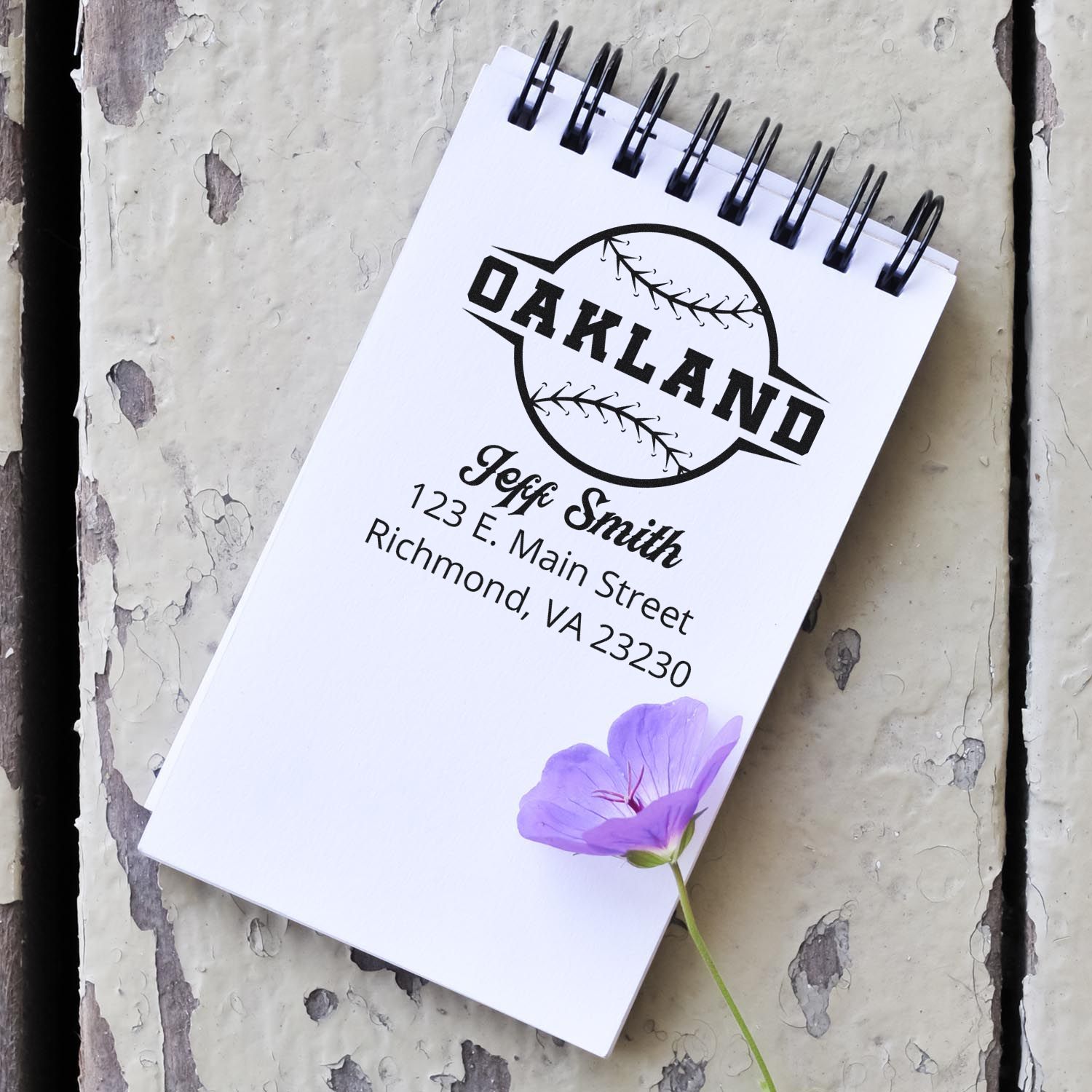 Custom Oakland baseball rubber stamp imprint on notepad with Jeff Smith address and logo for branding.