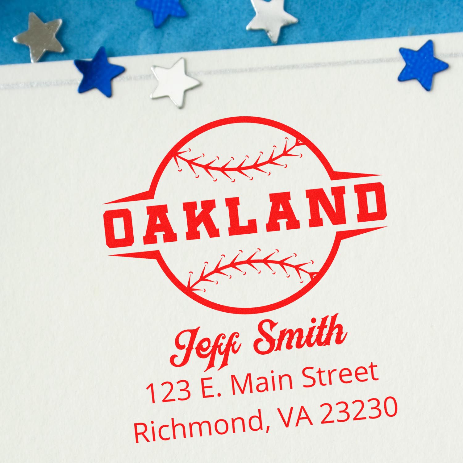 Personalized Oakland baseball rubber stamp imprint with name and address in red on paper.