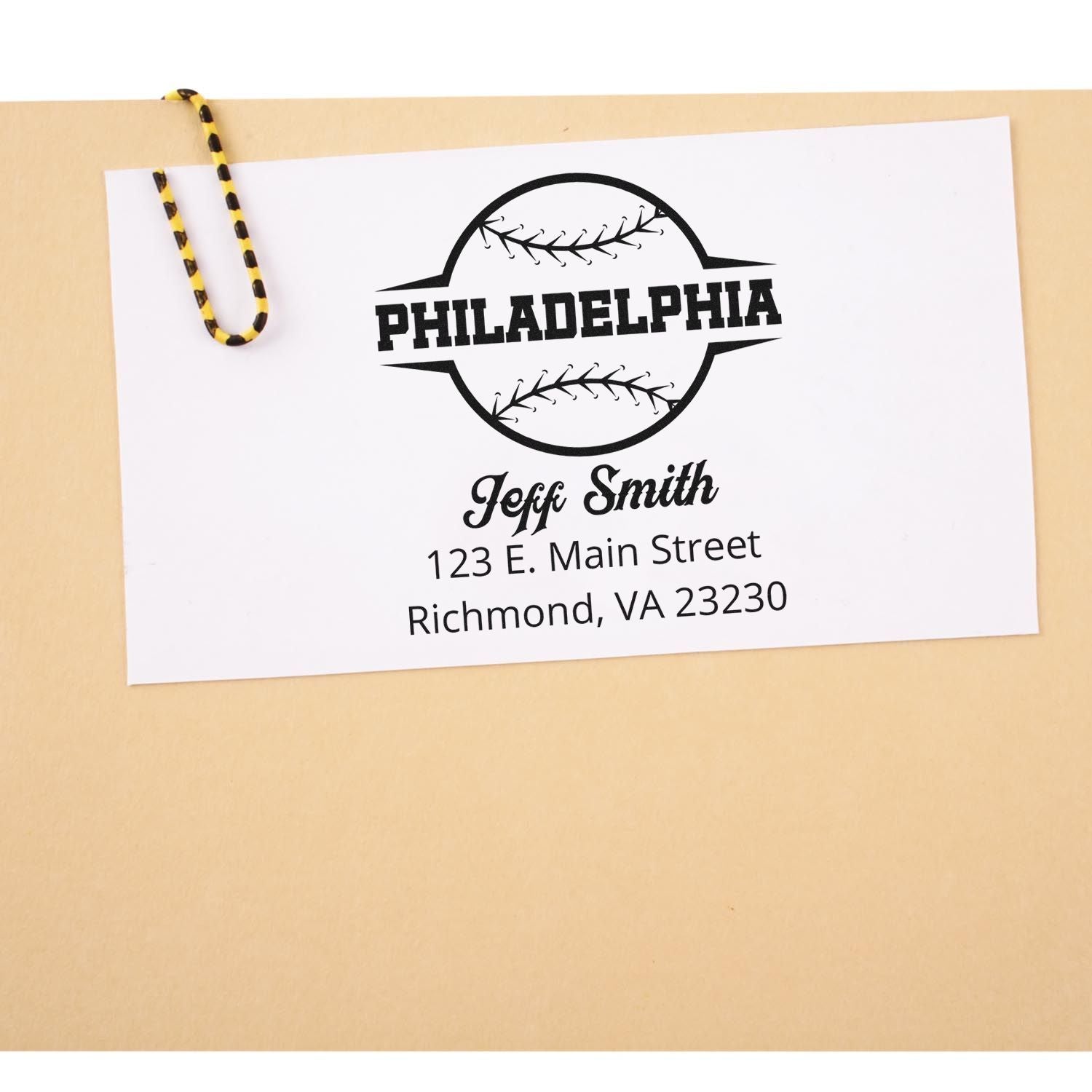 Personalized baseball return address rubber stamp with Philadelphia design, Jeff Smith name, and Richmond, VA address.