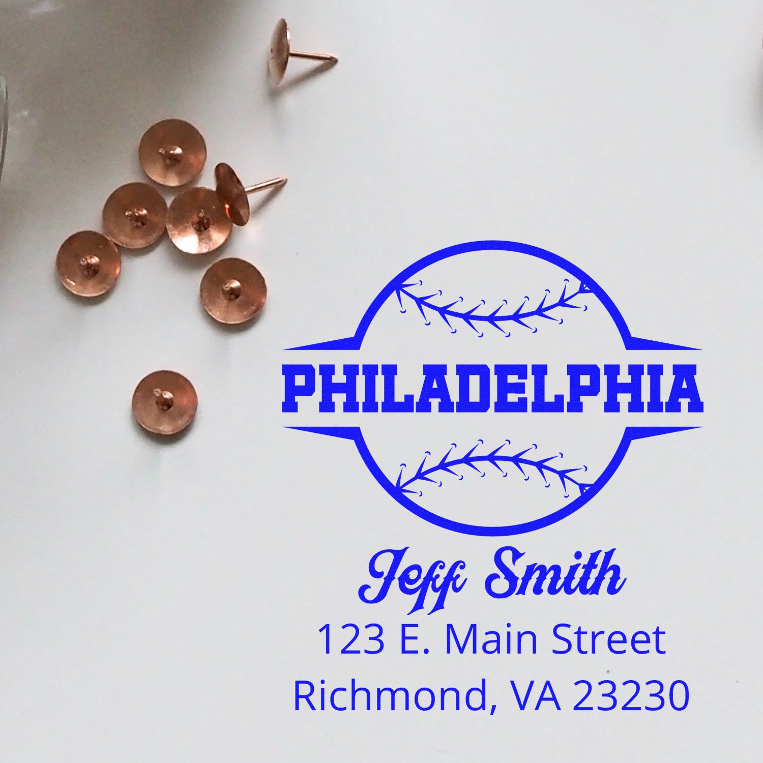 Custom baseball rubber stamp design with Philadelphia logo, Jeff Smith name, and Richmond, VA address.