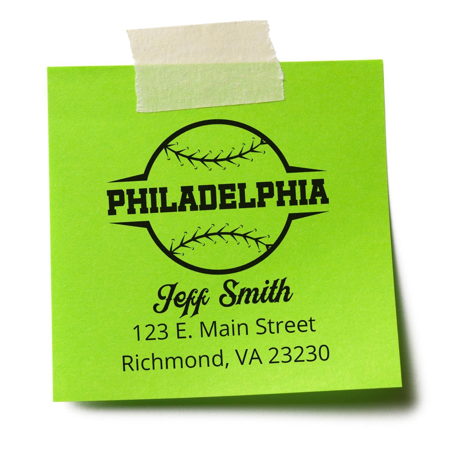 Custom Philadelphia baseball return address rubber stamp with Jeff Smith name and Richmond, VA address