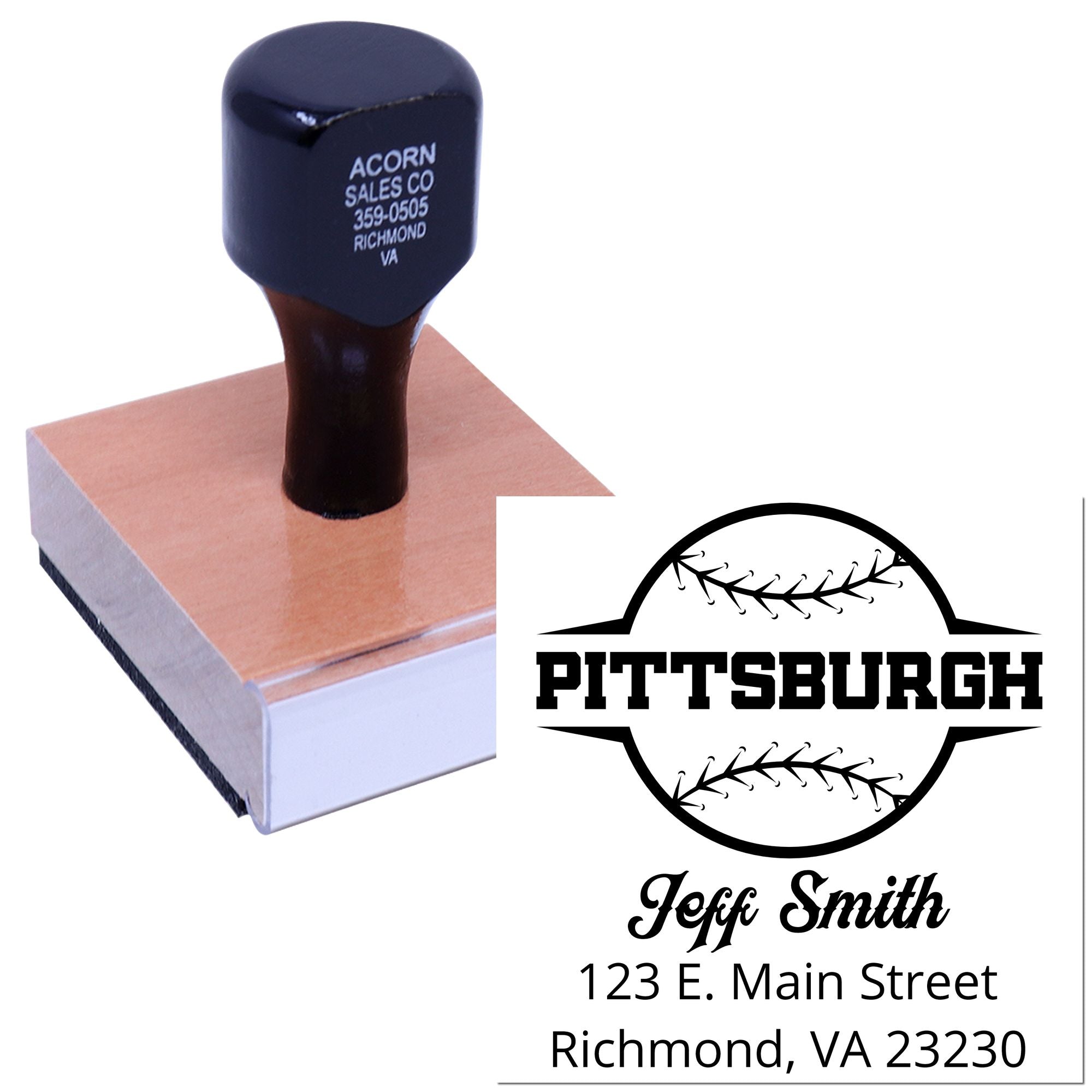 Custom baseball return address rubber stamp with Pittsburg logo, Jeff Smith name, and Richmond, VA address.