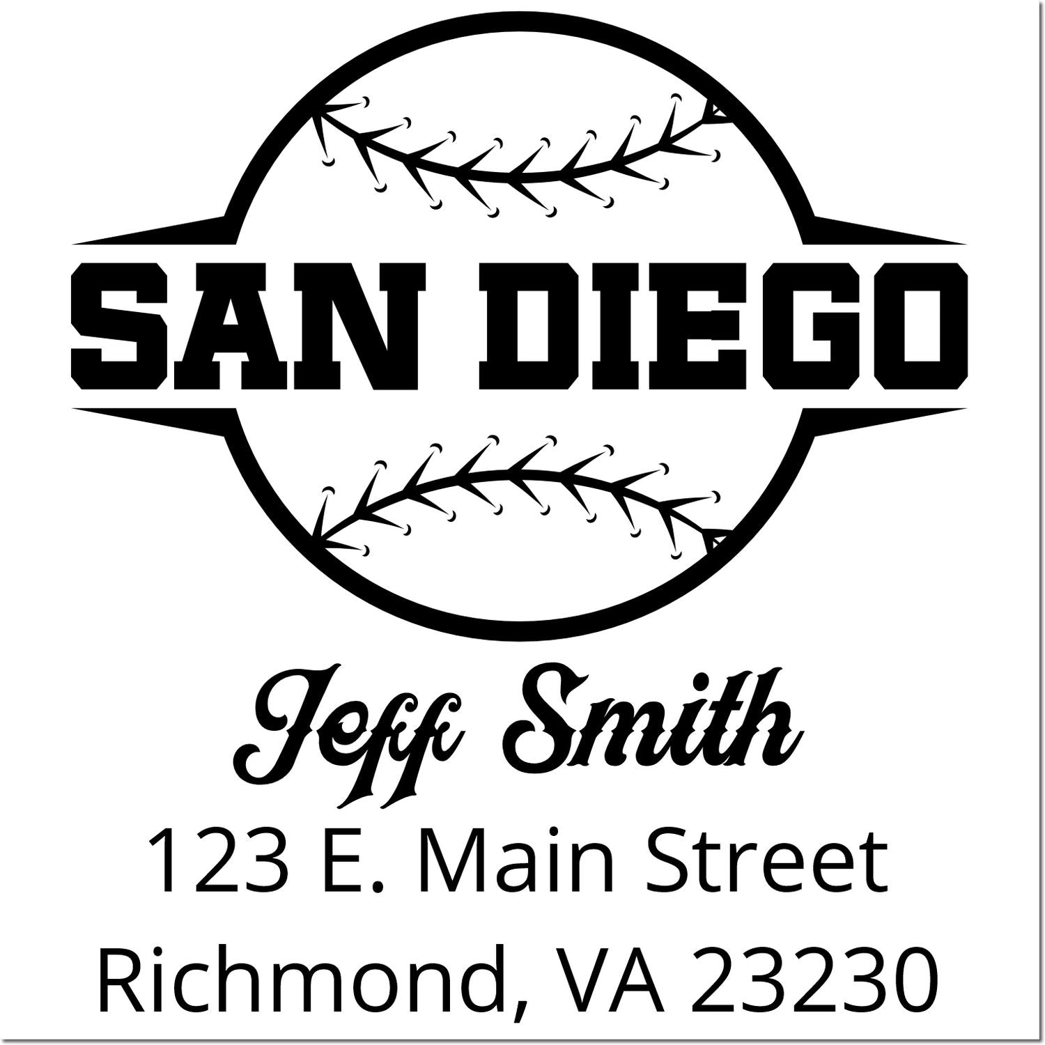 Custom baseball return address rubber stamp for Jeff Smith, with San Diego design and Richmond, VA 23230 address.