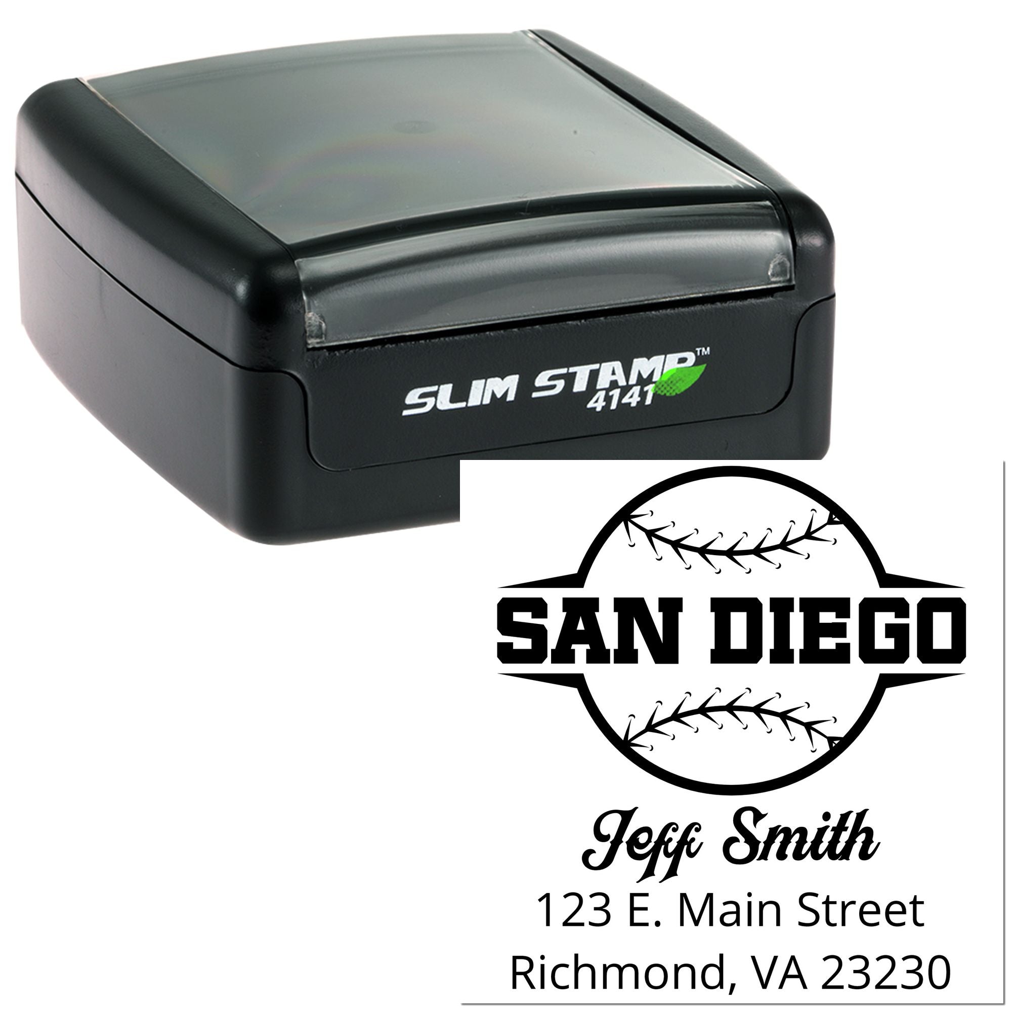 Custom self-inking rubber stamp with San Diego baseball logo, Jeff Smith name, and Richmond, VA address
