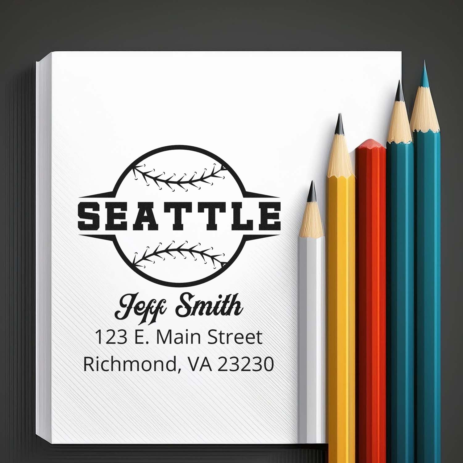 Personalized Seattle baseball return address rubber stamp with Jeff Smith name and Richmond, VA address.