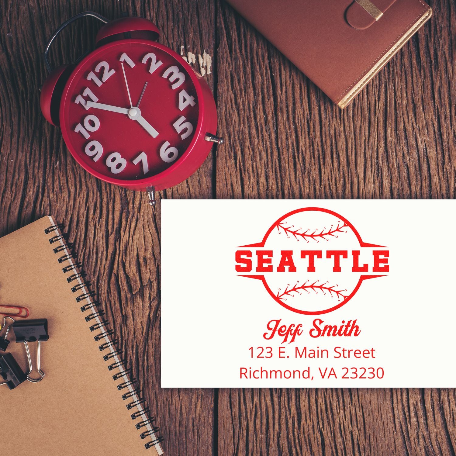 Custom baseball return address rubber stamp with Seattle, Jeff Smith, and Richmond, VA 23230 mailing info.