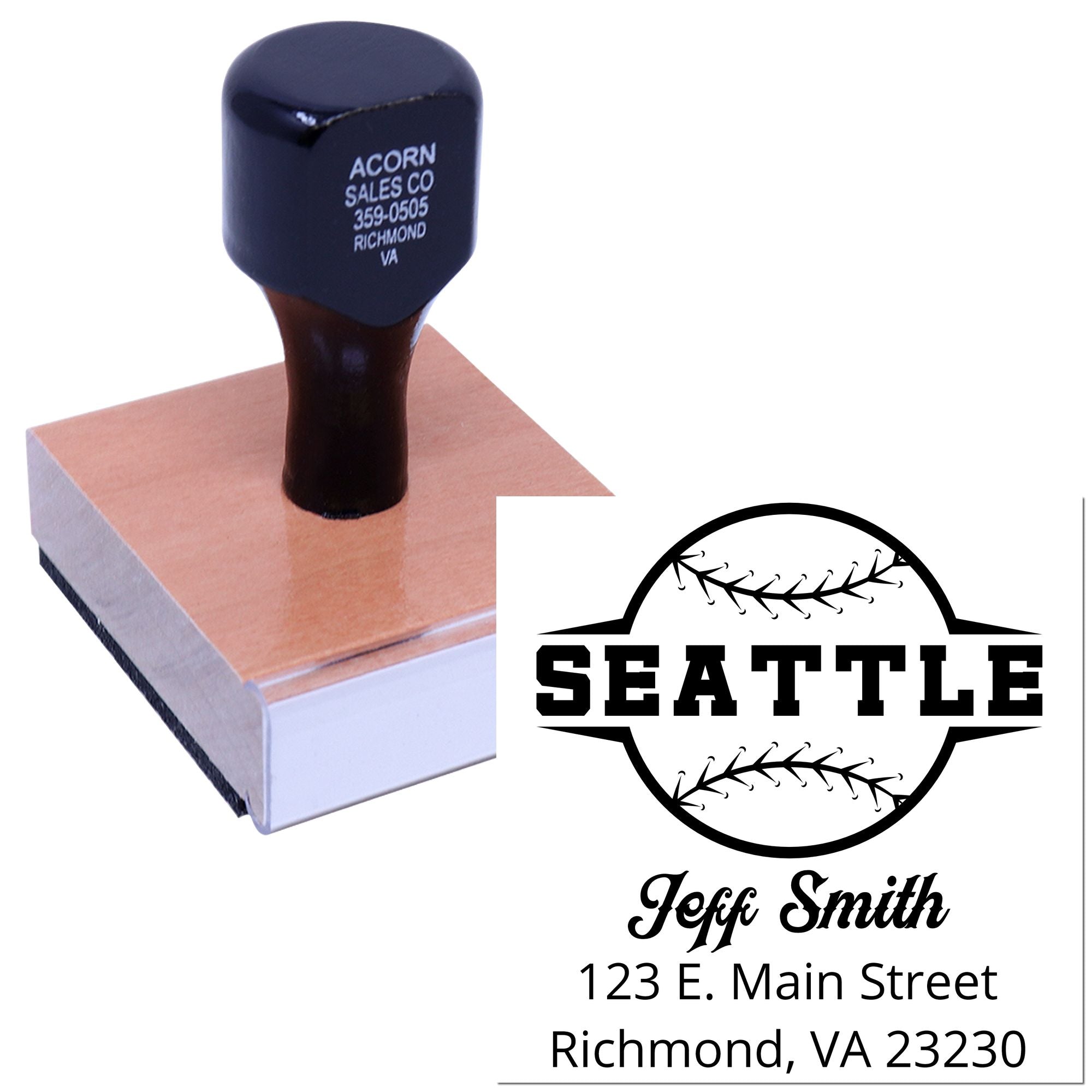 Custom baseball rubber stamp with Seattle design, name, and address for personalized business or mailing use.