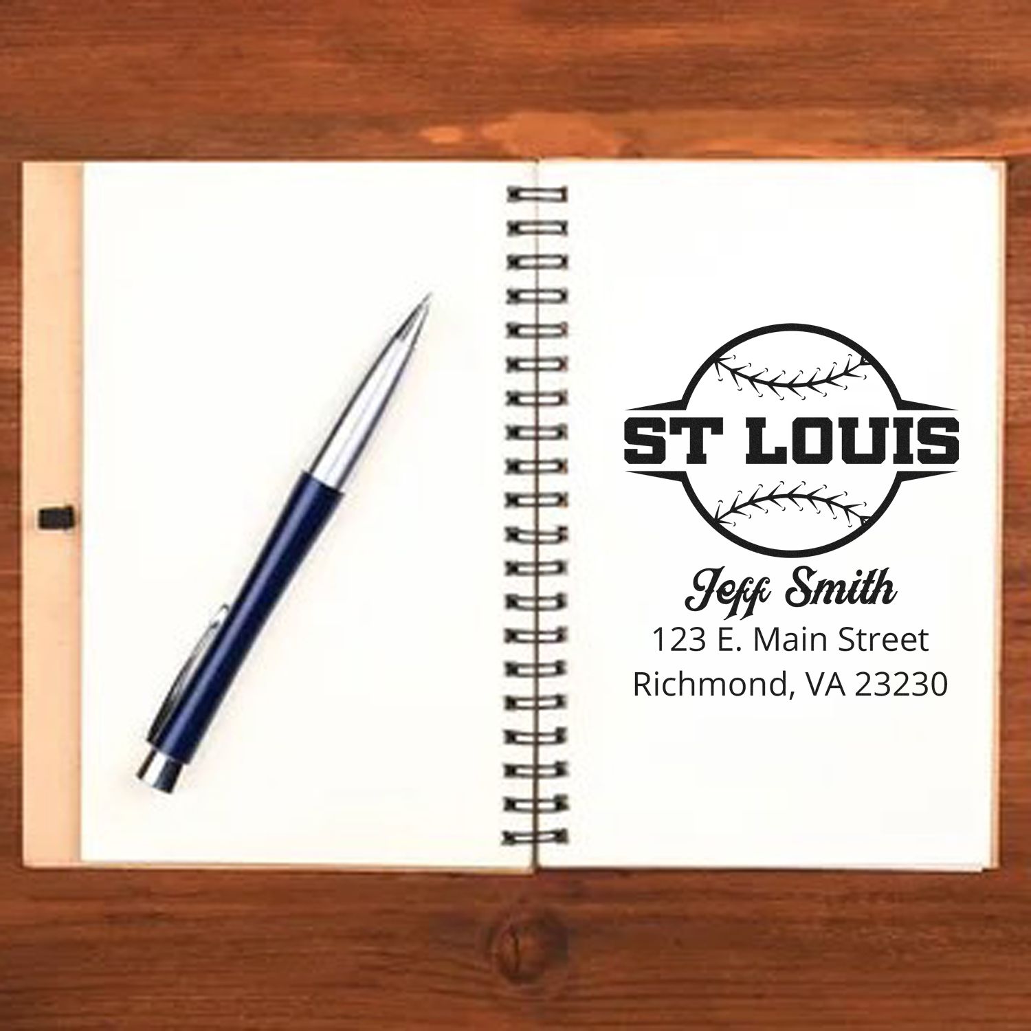 Custom St. Louis baseball return address rubber stamp for Jeff Smith, Richmond VA, shown in notebook mockup.