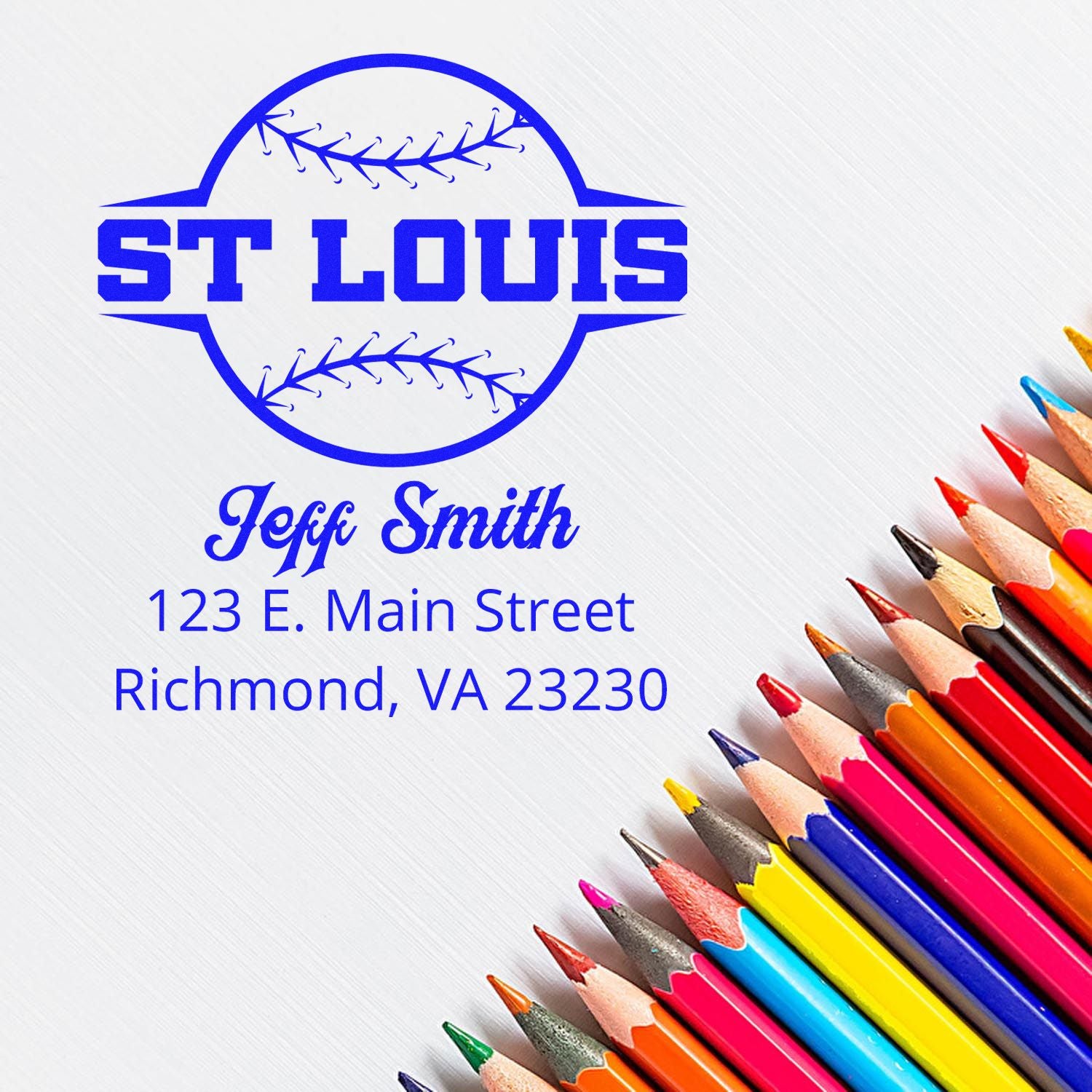 Custom St. Louis rubber stamp design with Jeff Smith return address, logo, and Richmond, VA mailing details.