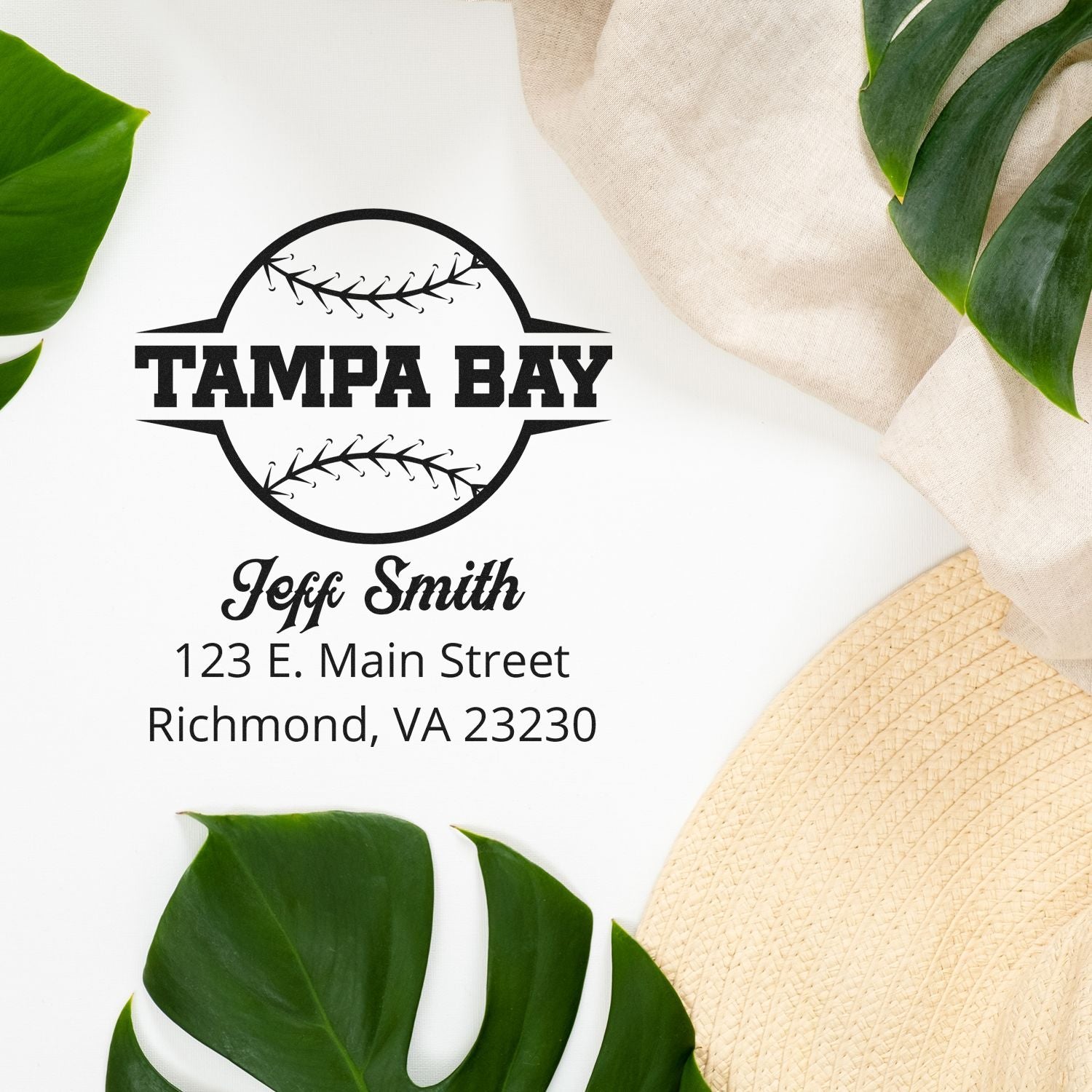 Custom Tampa Bay baseball rubber address stamp with Jeff Smith return address and Richmond, VA 23230.