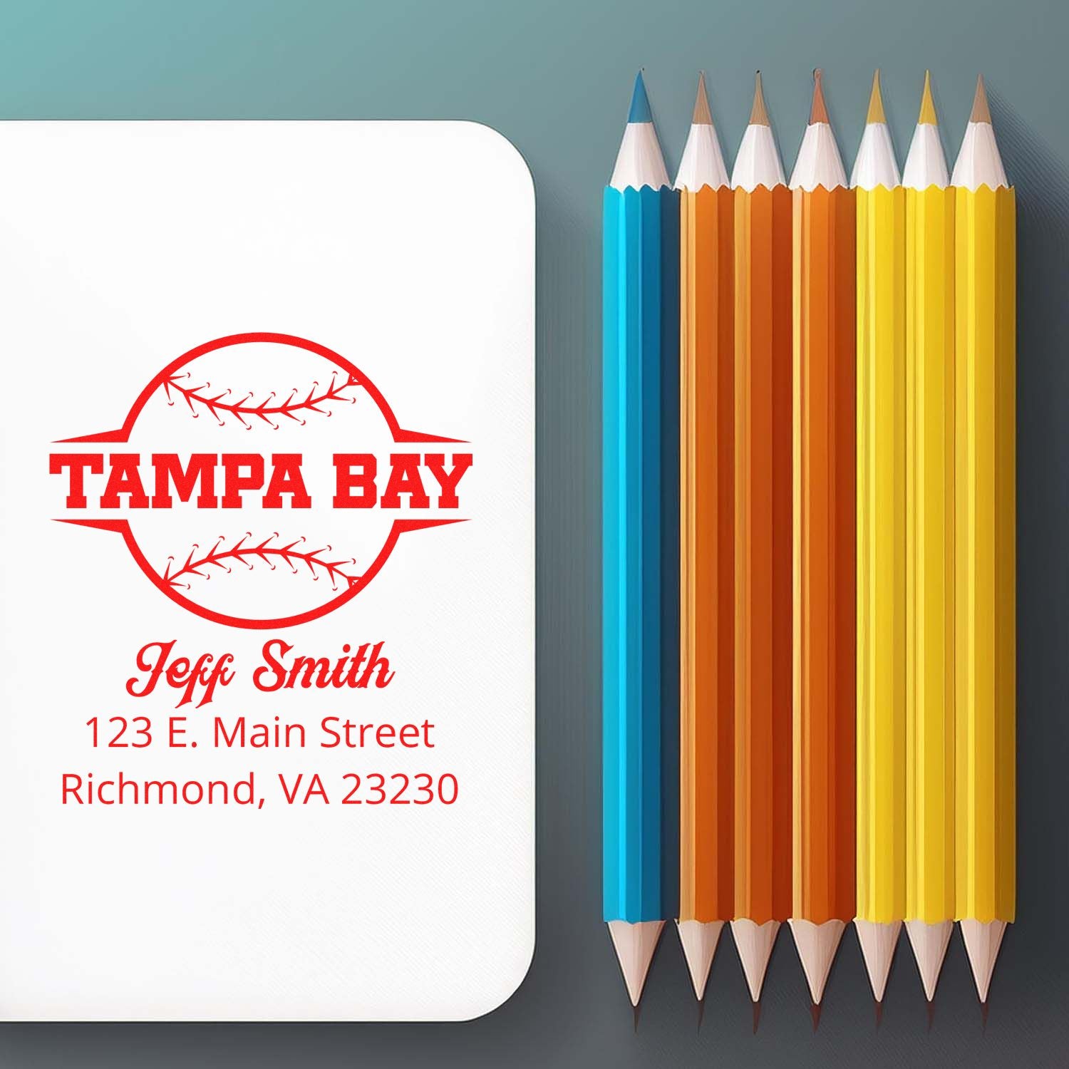 Custom Tampa Bay baseball rubber stamp with Jeff Smith name and Richmond, VA address for return mailing.