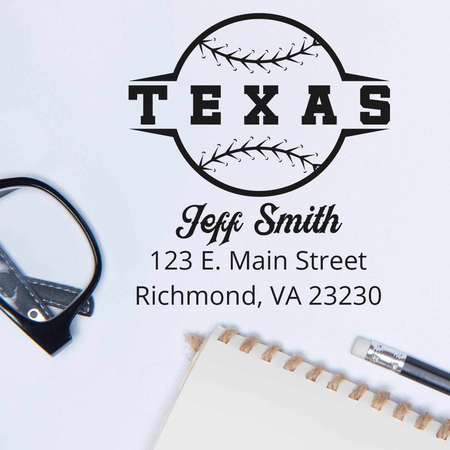 Custom Texas baseball rubber stamp with name and address, featuring Jeff Smith and Richmond, VA mailing details.