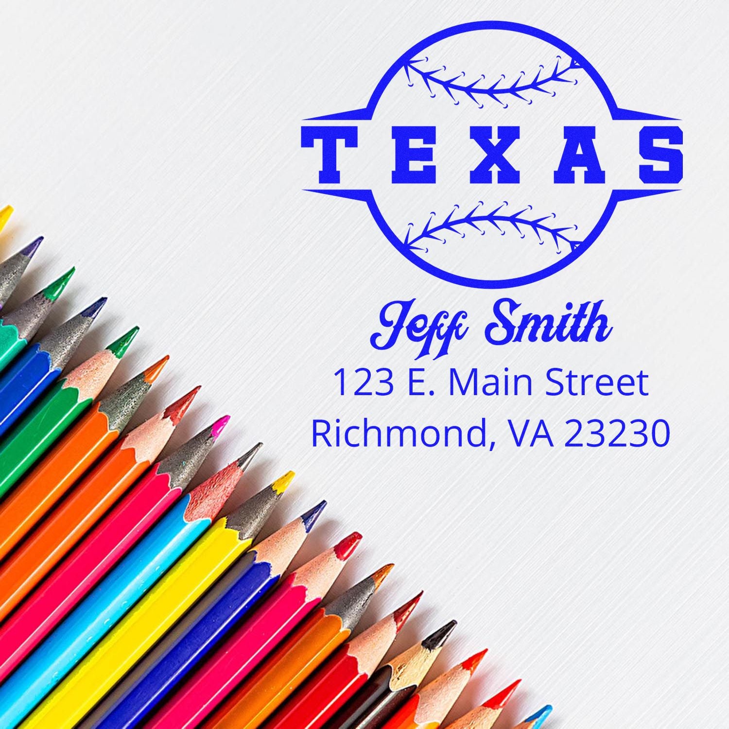 Custom Texas baseball-style rubber stamp with name and address for personalized stationery and business use.