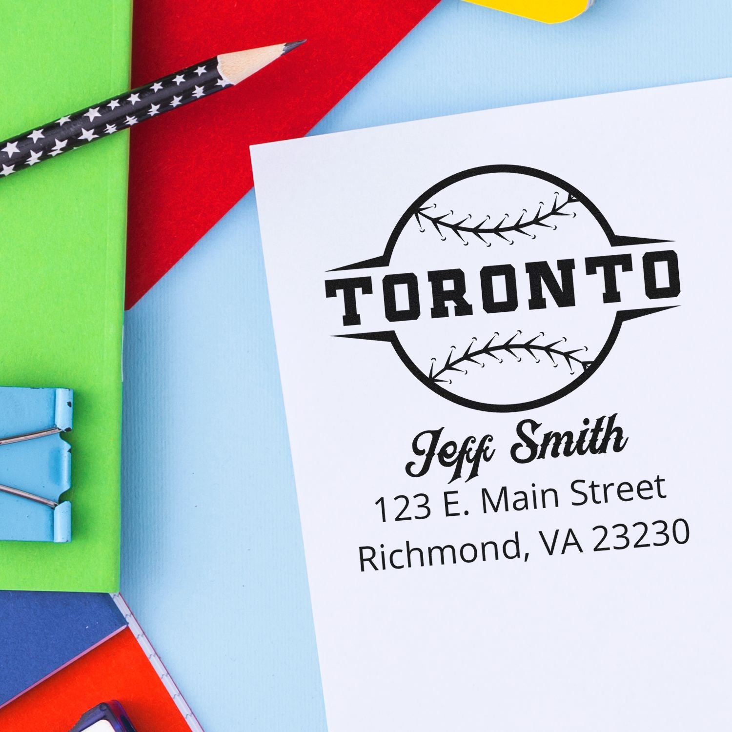 Custom Toronto baseball rubber stamp with Jeff Smith name and address, used for personalized stationery and business branding.