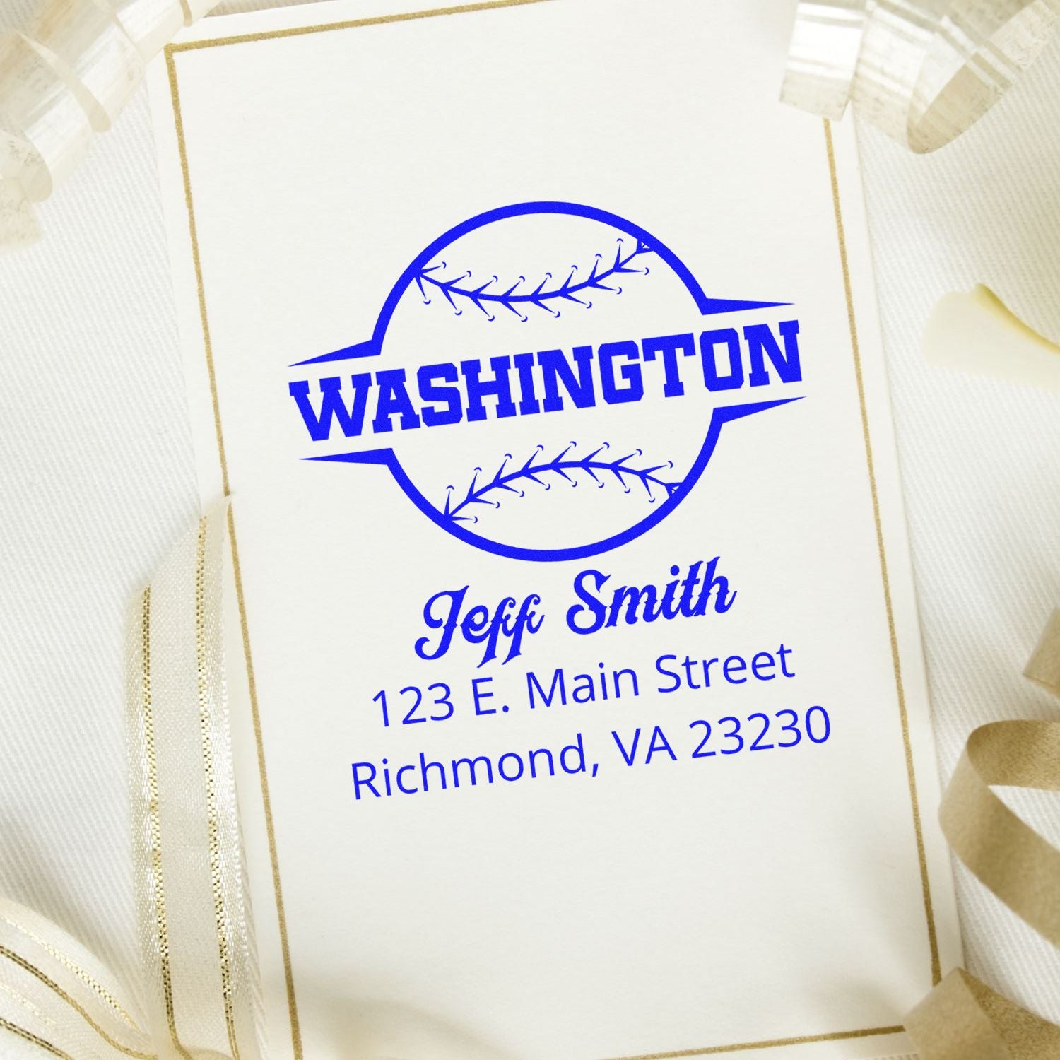 Custom baseball return address rubber stamp for Jeff Smith, Richmond, VA, with Washington design in blue ink.