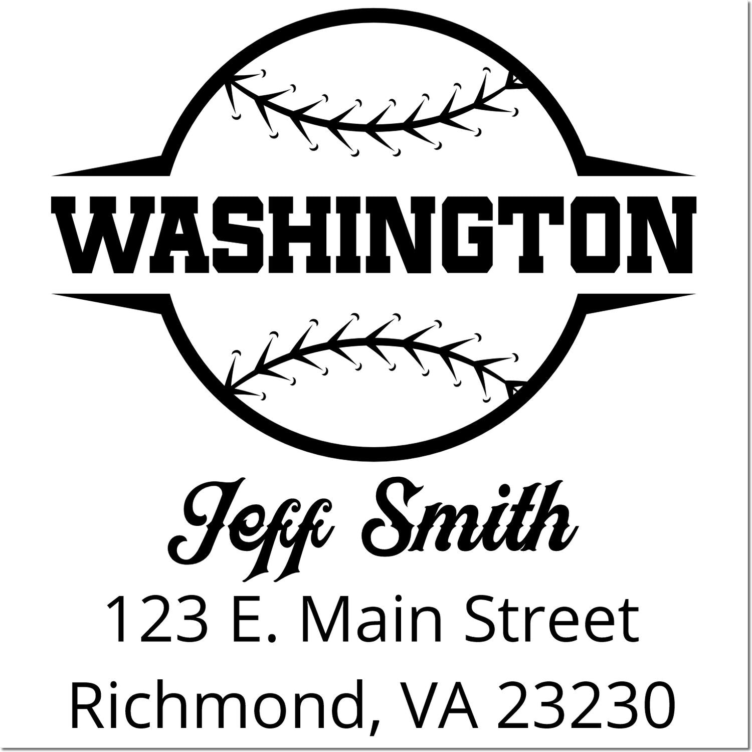 Custom baseball-themed return address rubber stamp for Washington, Jeff Smith, 123 E. Main Street, Richmond, VA 23230.