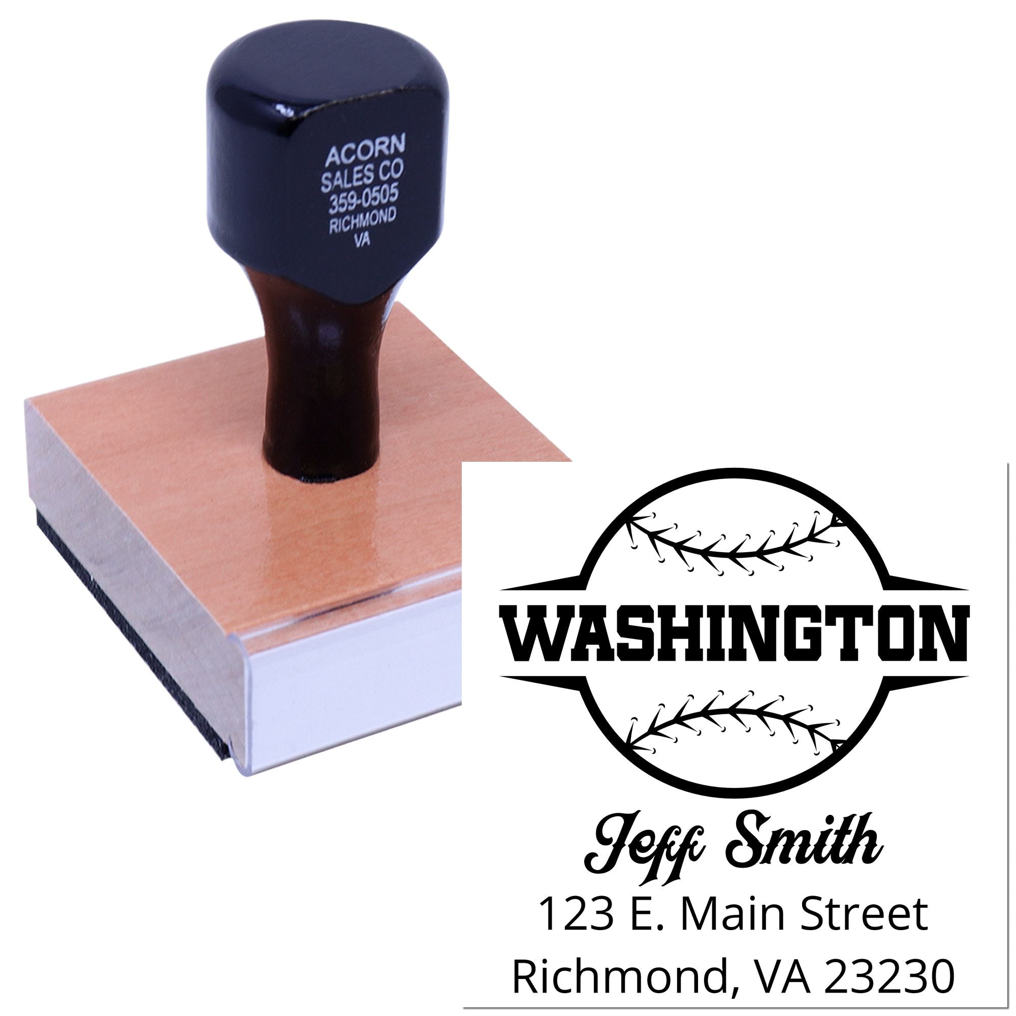 Custom baseball return address rubber stamp with Washington design, Jeff Smith name, and Richmond, VA mailing address.