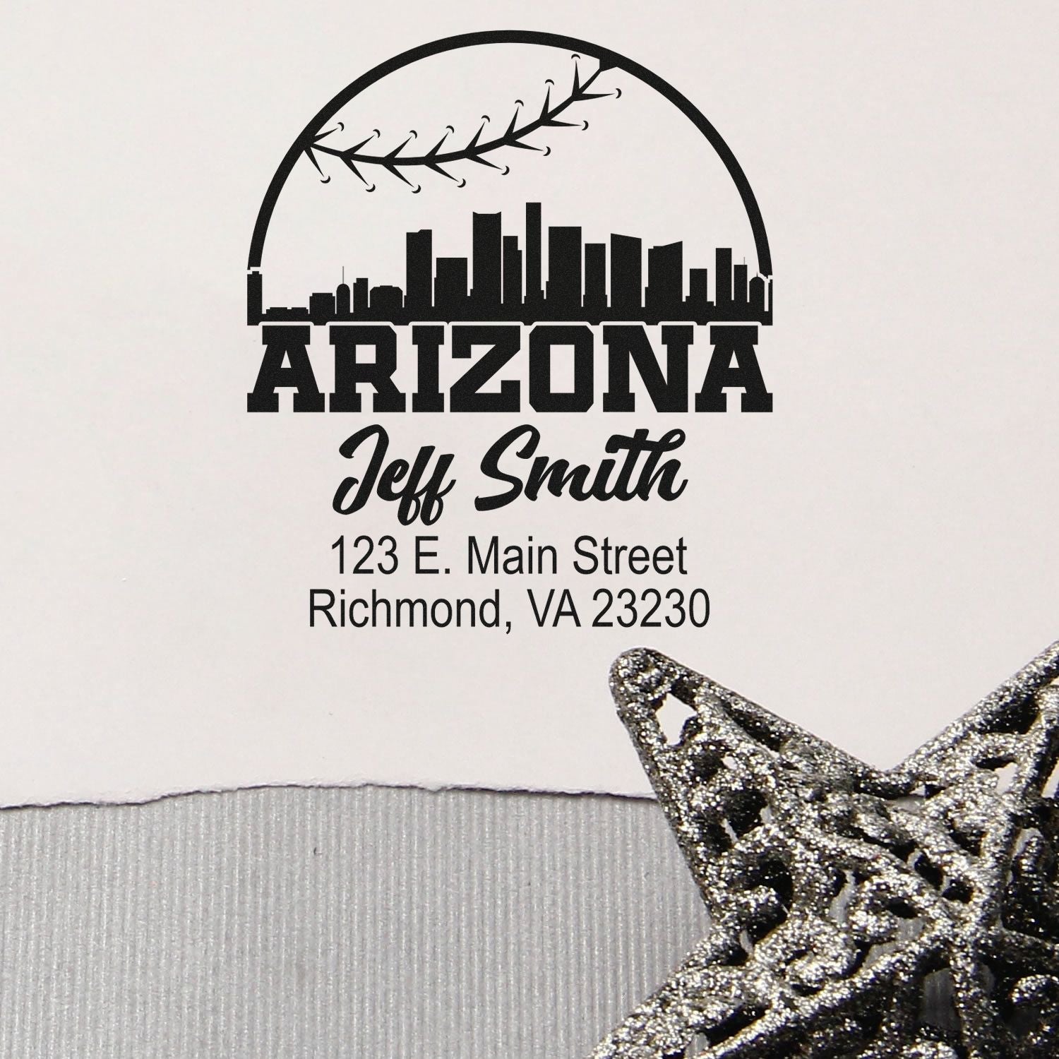 Custom Arizona return address rubber stamp with skyline, Jeff Smith name, and Richmond, VA address.