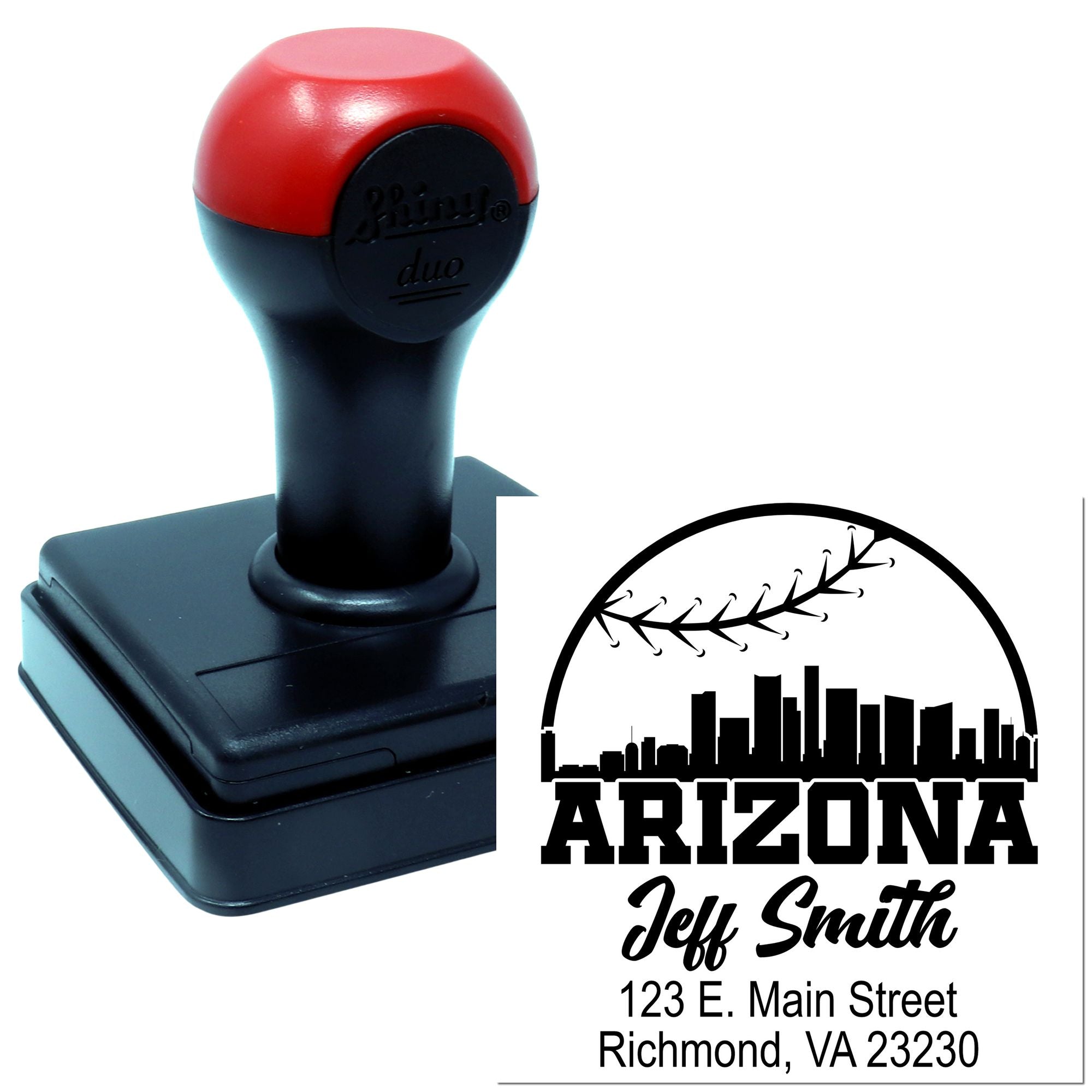 Custom self-inking rubber address stamp with Arizona skyline design, personalized for Jeff Smith and return address.